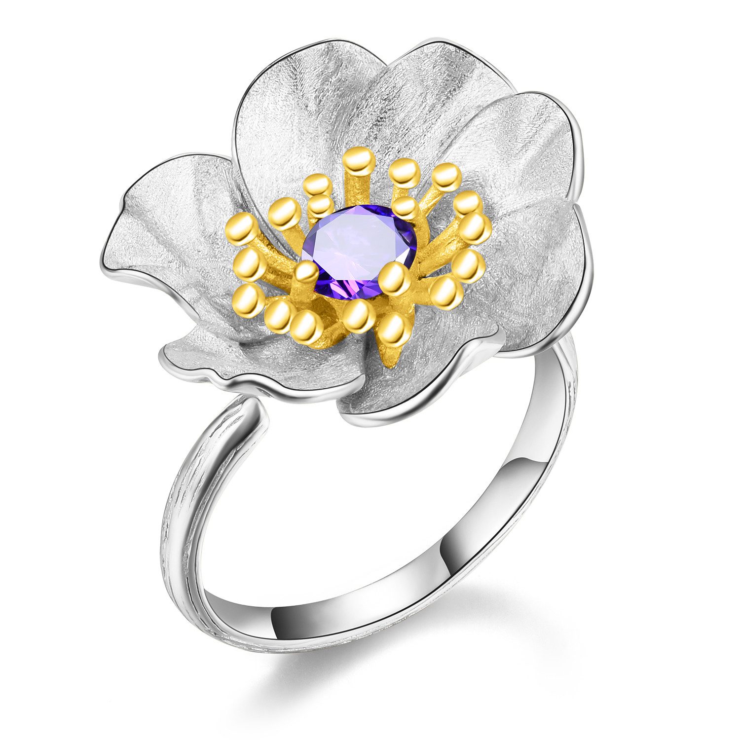 Silberring Anemone mit Amethyst verstellbarer Ring
