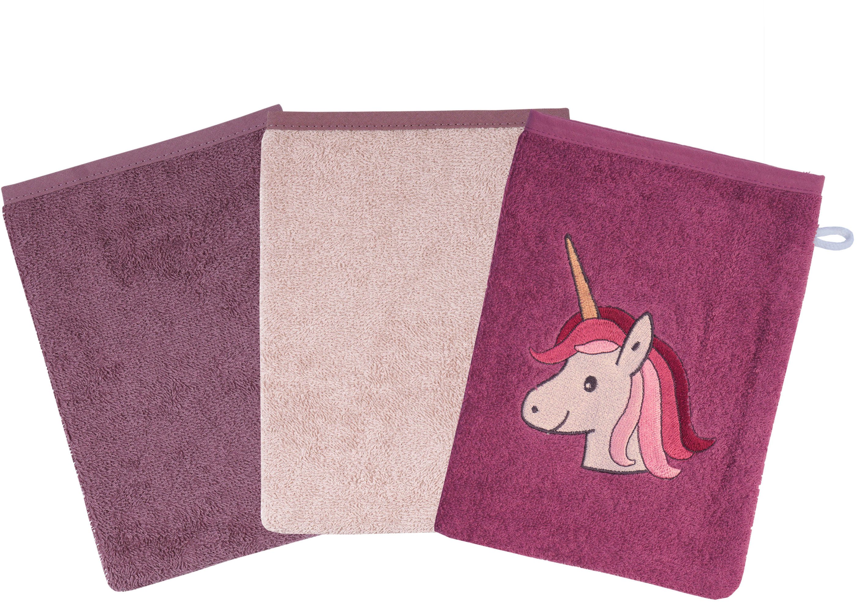 Wörner Waschhandschuh Einhorn, (Set, 3-St), 3er-Set, mit Stickerei