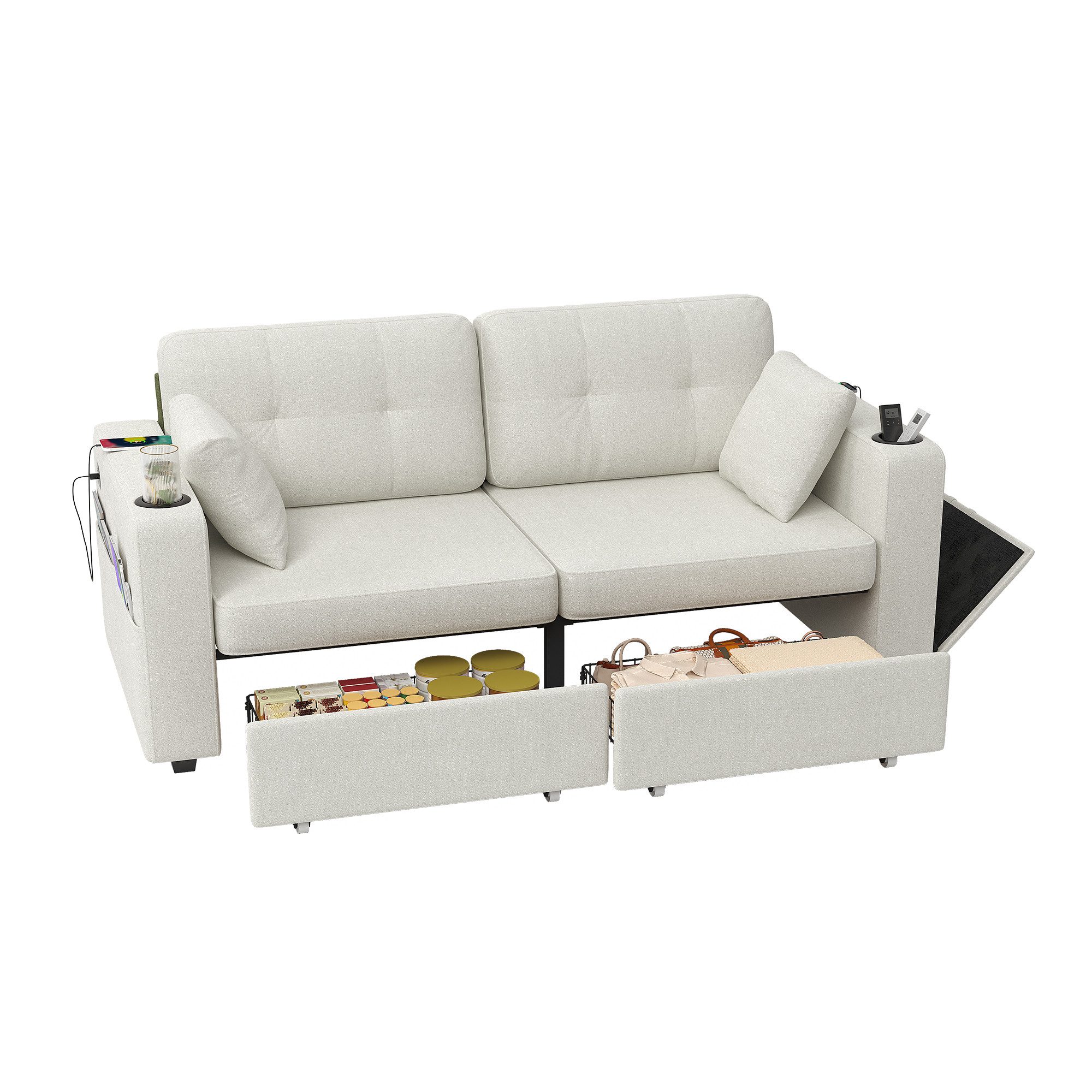 BlingBin 2-Sitzer Sofa mit Stauraum & USB, Couch modern mit Getränkehalter, 1er Set 1 Teile, mit versteckten Staufächern. Geeignet für Wohnzimmer, Wohnungen