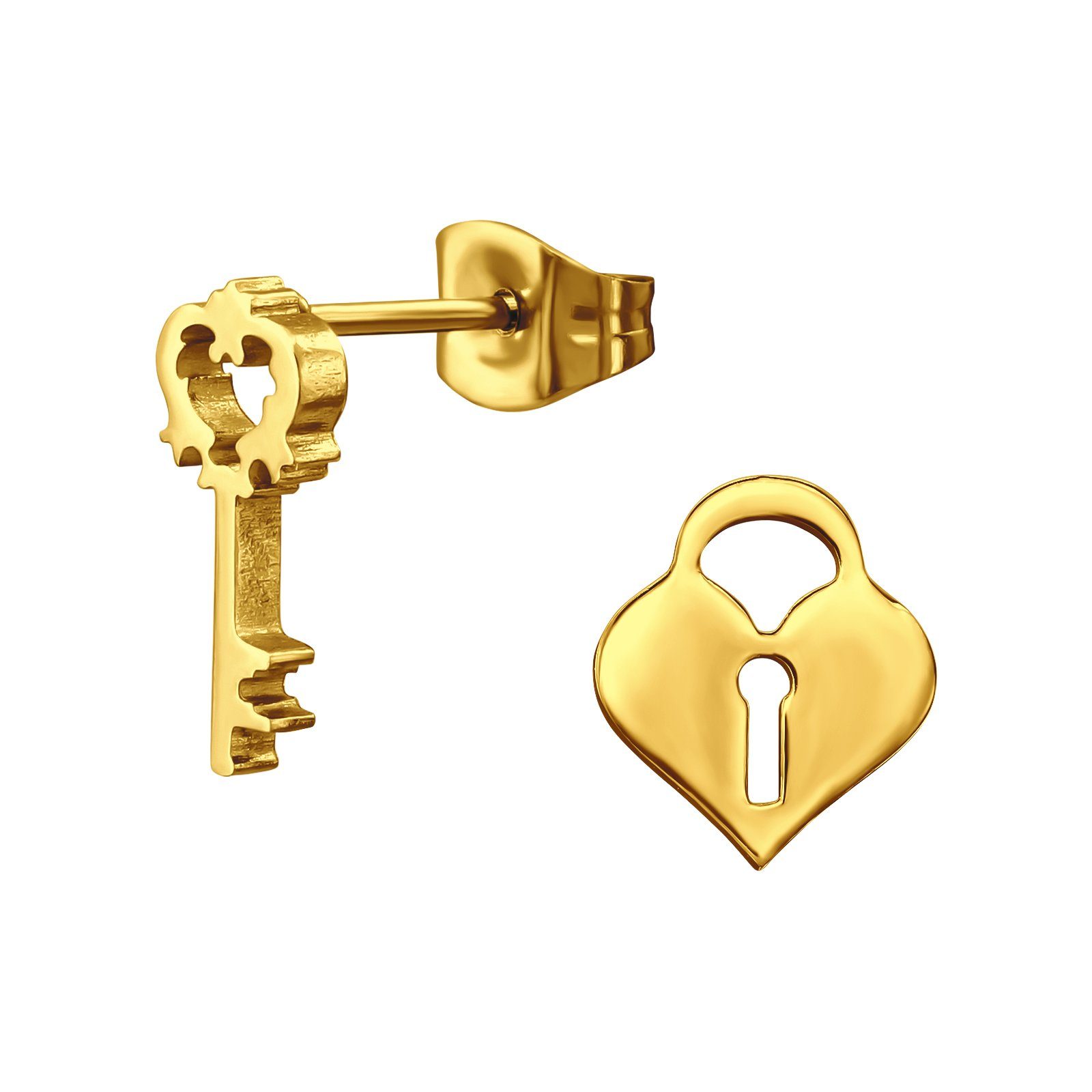 BUNGSA Ohrring-Set Ohrstecker Schloss & Schlüssel verschiedene Farben aus Edelstahl für (1 Paar (2 Stück), 2-tlg), Ohrschmuck Ohrringe gold