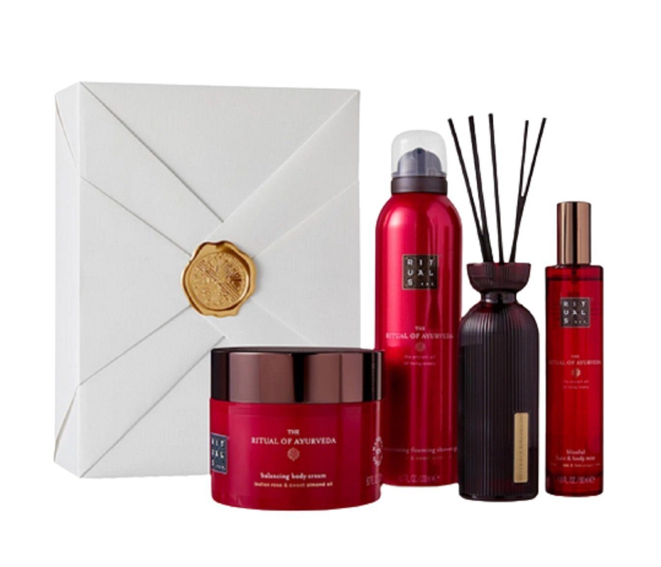 Rituals Wellness-Pflegeset The Ritual of AYURVEDA Geschenkset Groß Frauen & Männer Beauty Set, angenehmer Duft, Dusche, Raumduft, Körperpflege, 4-tlg., Duftstäbchen, Duschschaum, Körpercreme, Peeling, Geschenkbox, Damen & Herren Wellness Set, Pflege ideal als Geschenk für Mann & Frau