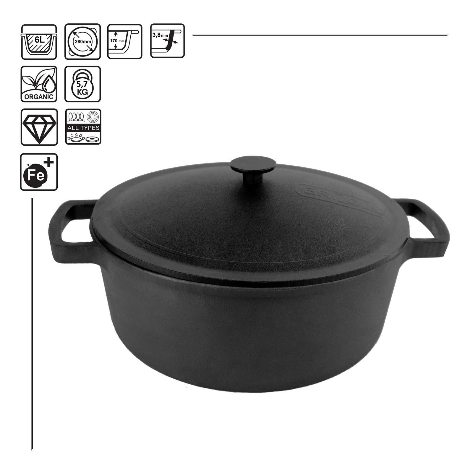 4BIG.fun Kochtopf 6L Ø28cm Gusseisen Topf mit Deckel aus Gusseisen, Gusseisen (mit Deckel aus Gusseisen), Induktion