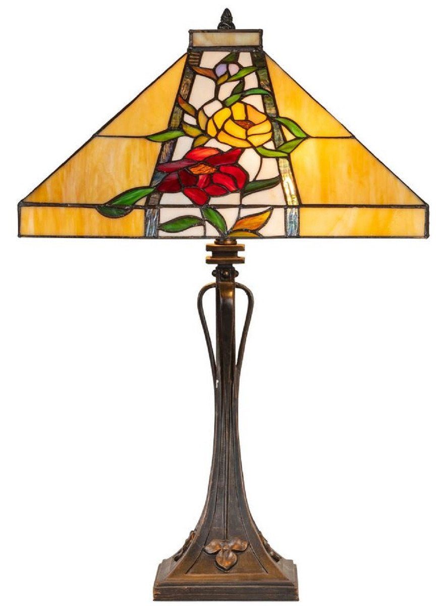 Casa Padrino Tischleuchte Luxus Tiffany Tischleuchte Braun / Mehrfarbig 40  x 40 x H. 62 cm - Tiffany Lampe mit Blumendesign und handgefertigtem Glas  Lampenschirm