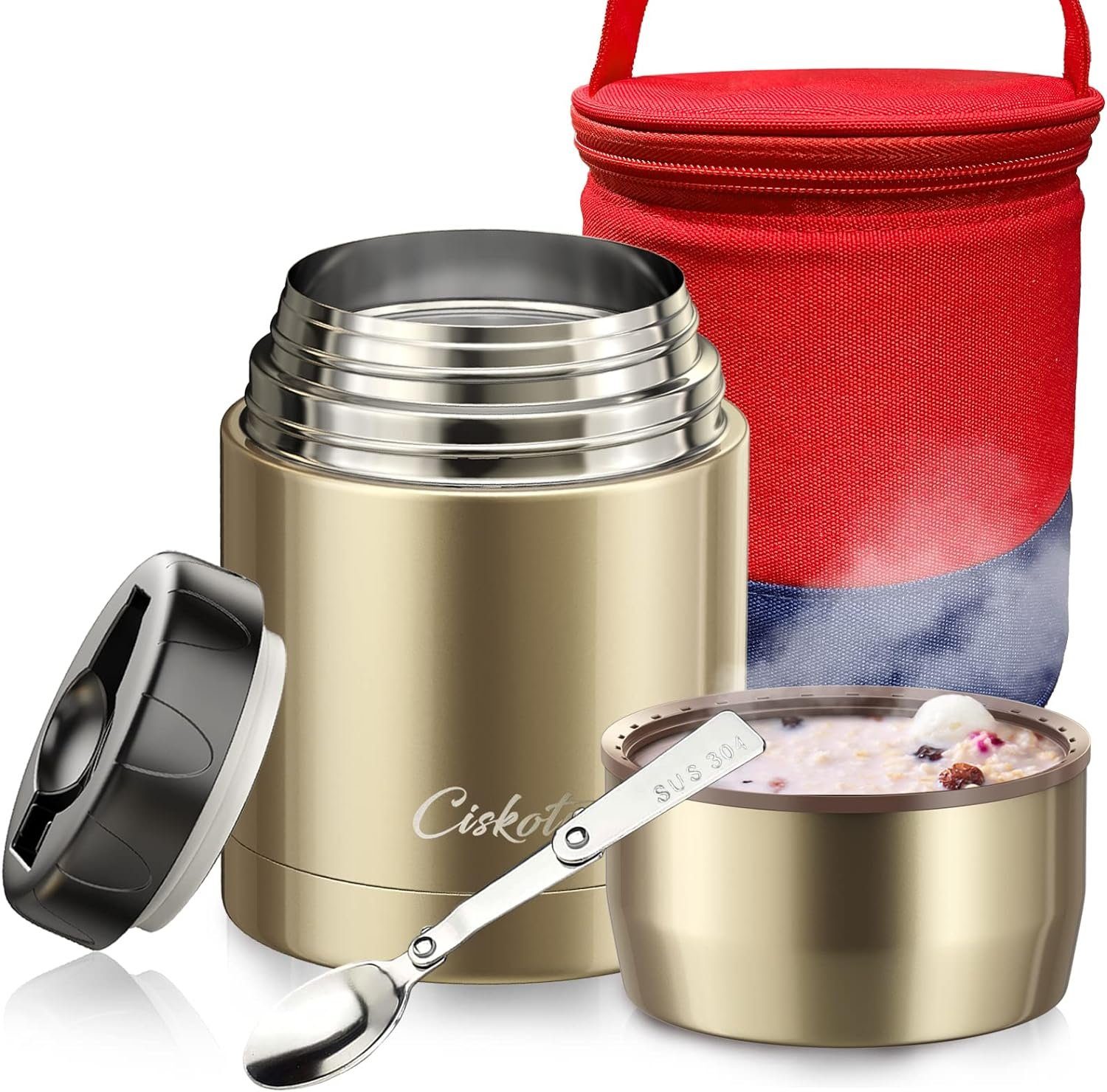 Ciskotu Lunchbox Thermo-Speisebehälter 800 ml, mit klappbarem Löffel, 9 Stunden heiß, 14 Stunden kalt Champagne Gold