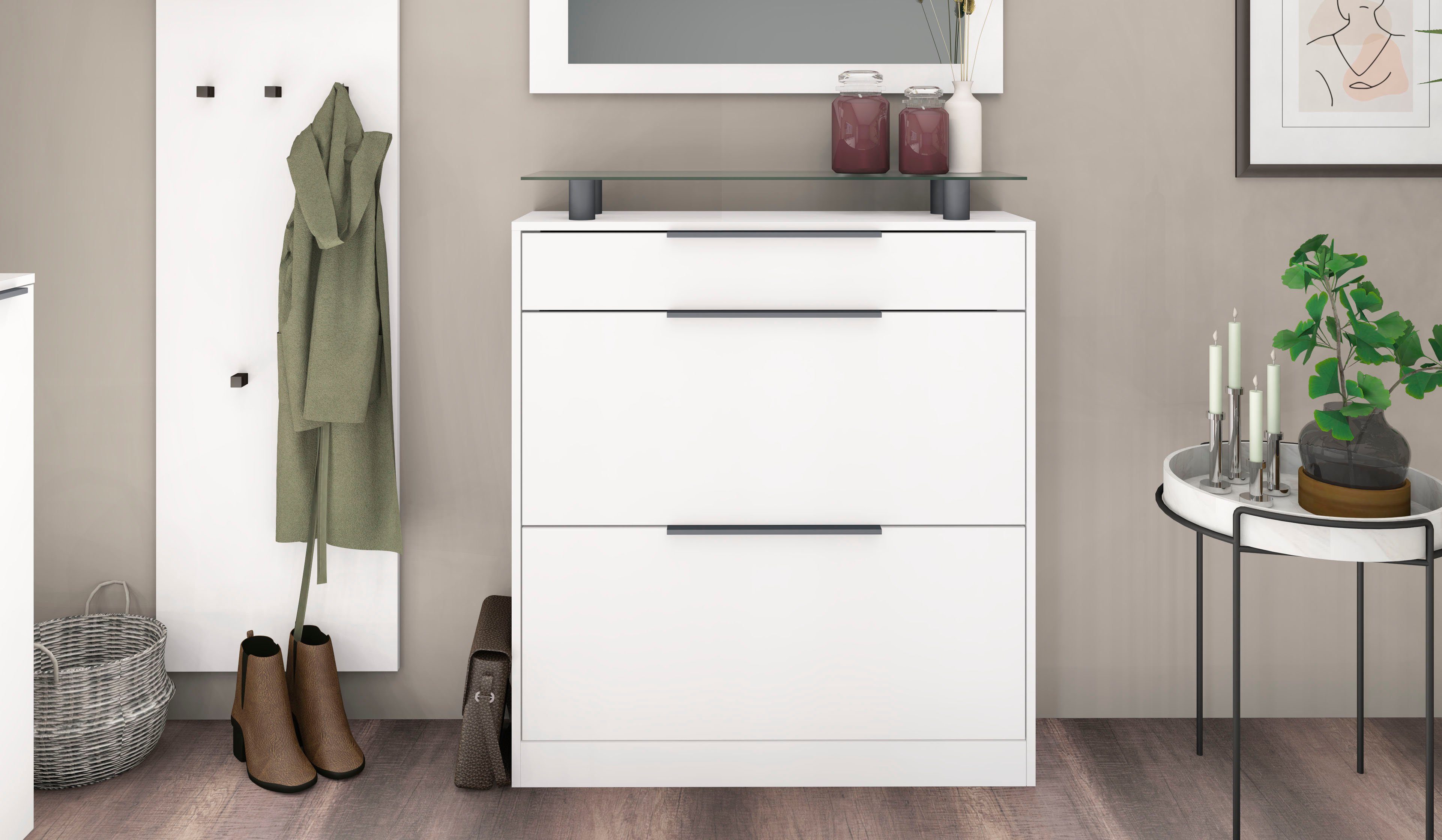 borchardt Möbel Schuhschrank Tom, Schuhkipper mit Glasablage und Metallgriffen Mit 2 Klappen, dahinter 4 Fächer, und 1 Schubkasten