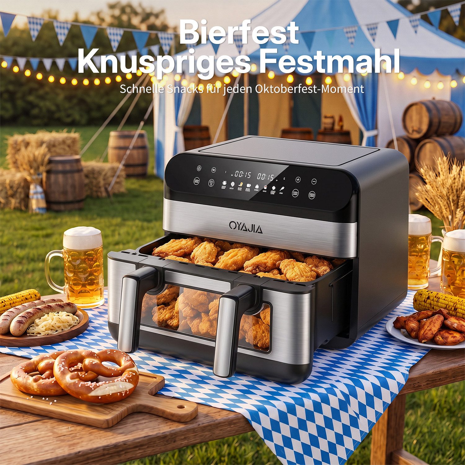 oyajia Heißluftfritteuse Heißluftfritteuse 11L 2 Kammern mit 40 Backpapier – 2800W Airfryer, 8-in-1 Air Fryer mit Sichtfenster und Innenlicht, Einzel oder Doppe – Bild 2 von 5