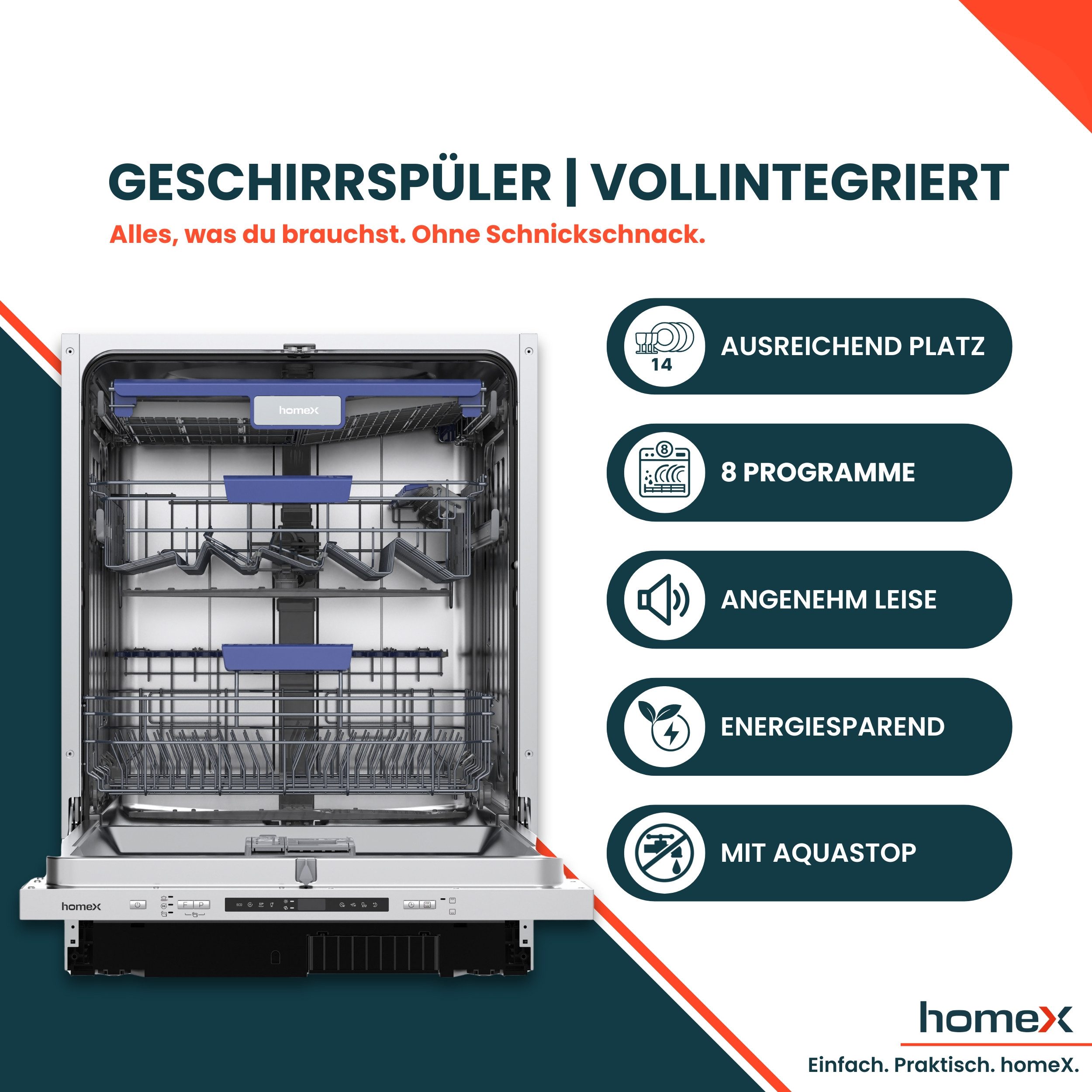 homeX vollintegrierbarer Geschirrspüler DWFI601442A, 10 l, 14 Maßgedecke, Einbau Spülmaschine vollintegriert 60 cm, 8 Programme, AquaStop, 42 dB