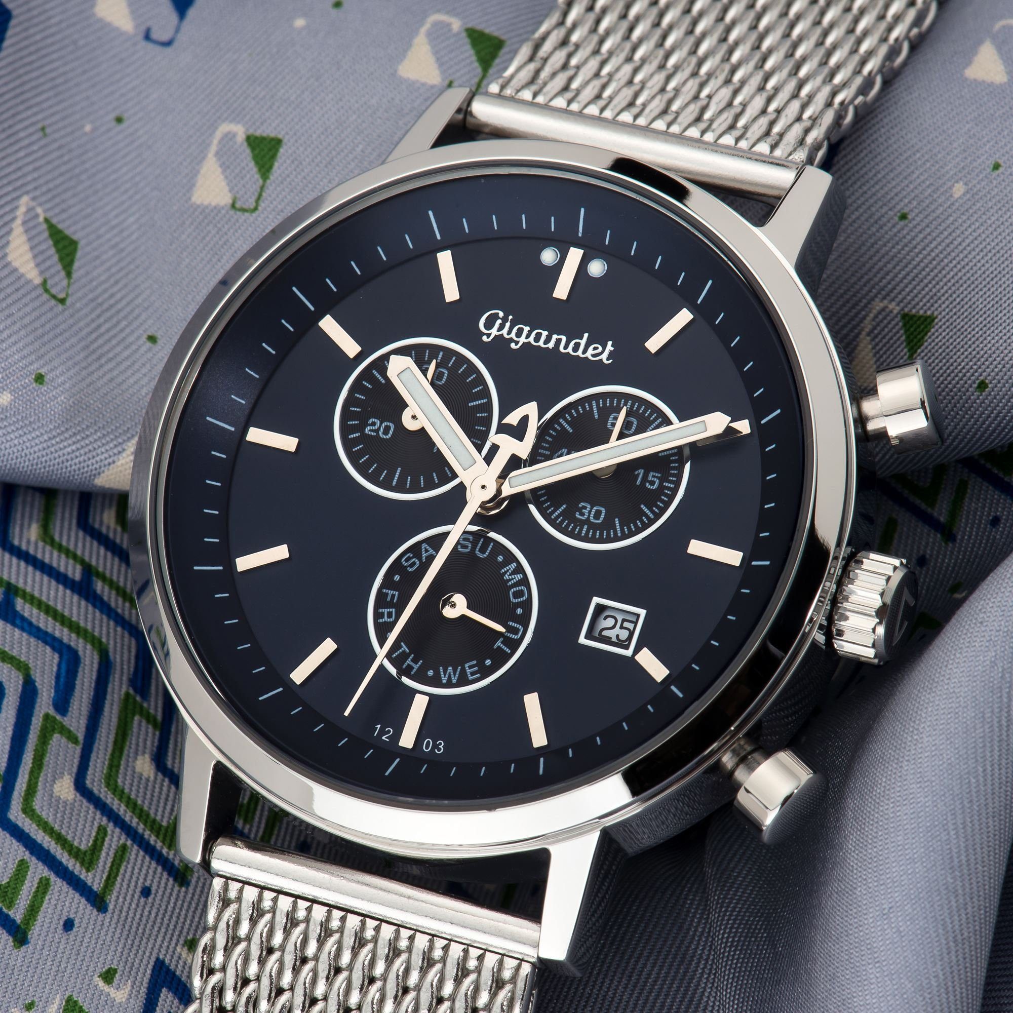 Gigandet Chronograph Armbanduhr, Herrenuhr, Stoppuhr, 41mm, CLASSICO G6-013, Mineralglas, Tages- und Datumsanzeige, Edelstahlband, 5bar wasserdicht