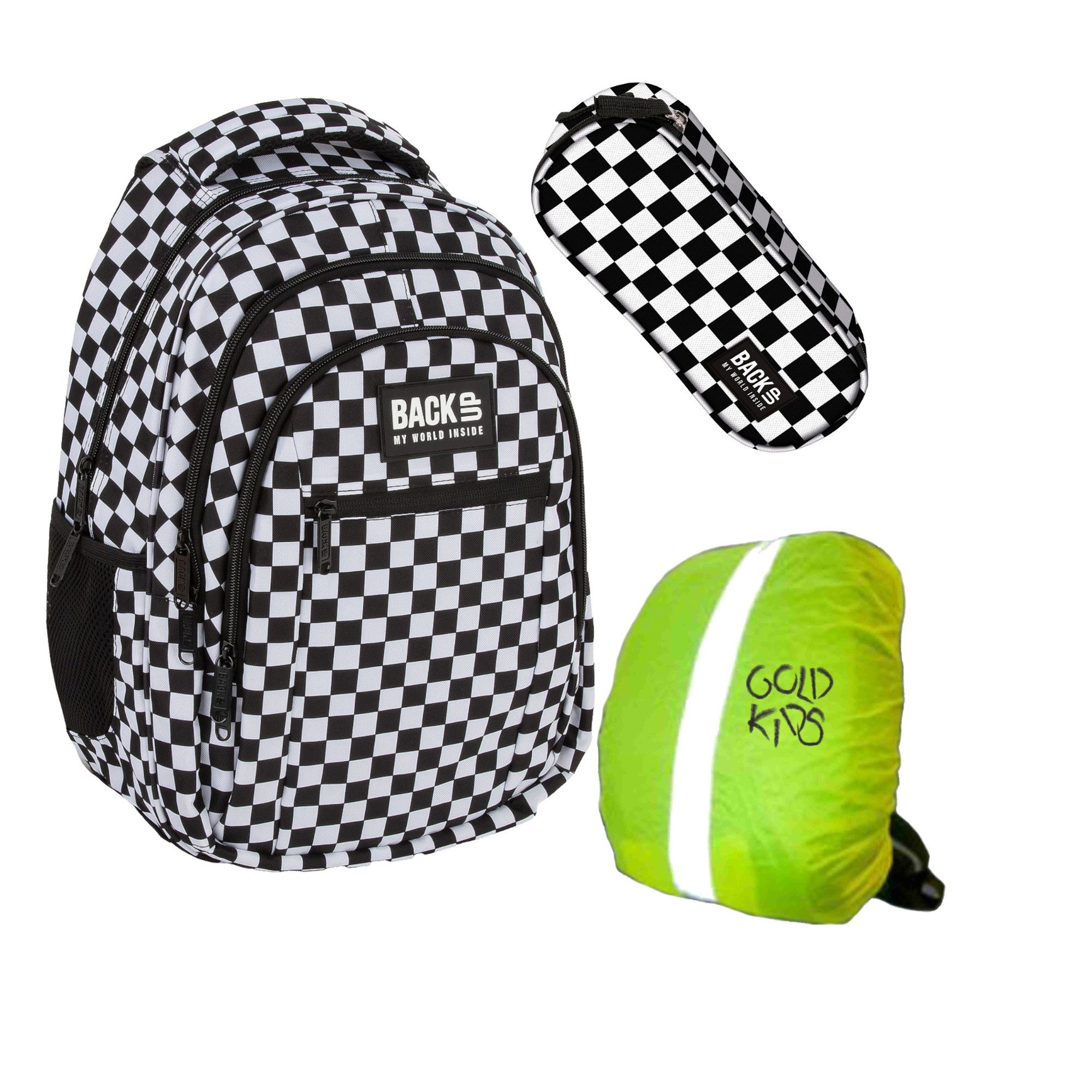 GOLDKIDS Ранці für Jungen und Mädchen, 3er-Set - (Schul-Rucksack für, Kinder mit Schlampermäppchen), Regenschutz - Schachbrettmuster