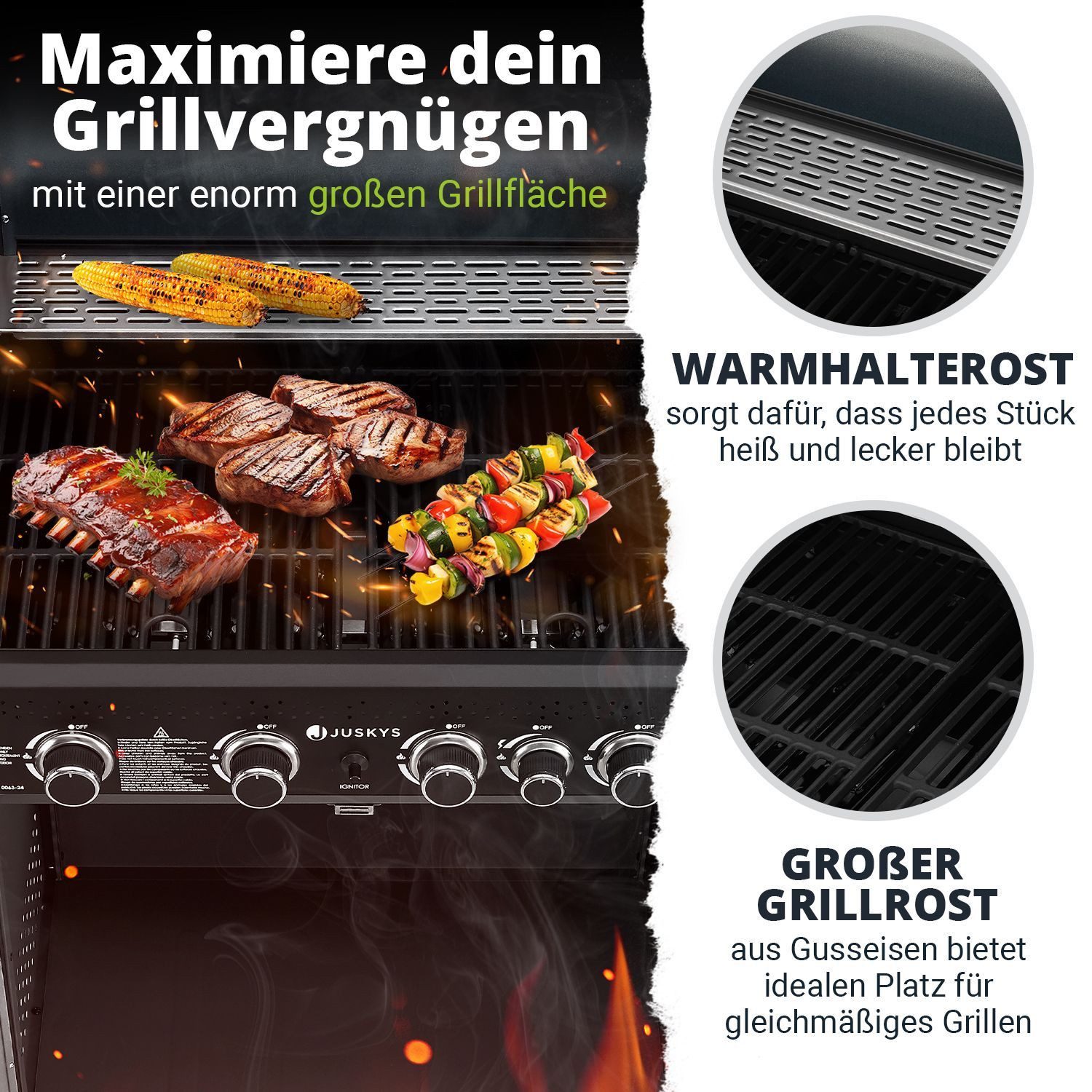 Juskys Gasgrill Savannah, 4+1 Brenner, 14,5 kW, Gusseisen Rost, Thermometer, Seitenablagen