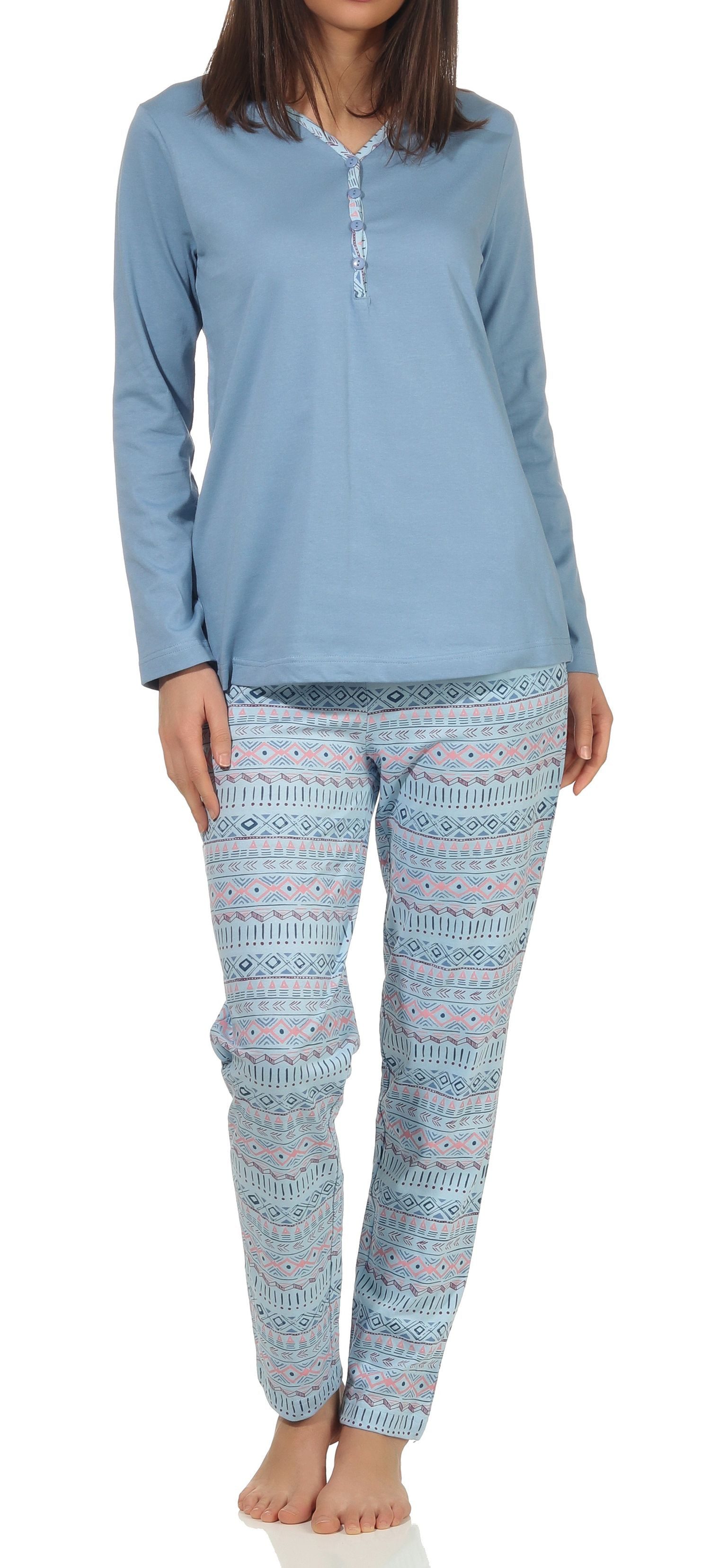 Pyjama Damen Schlafanzug lang mit Bündchen im Ethnolook - auch in Übergröße