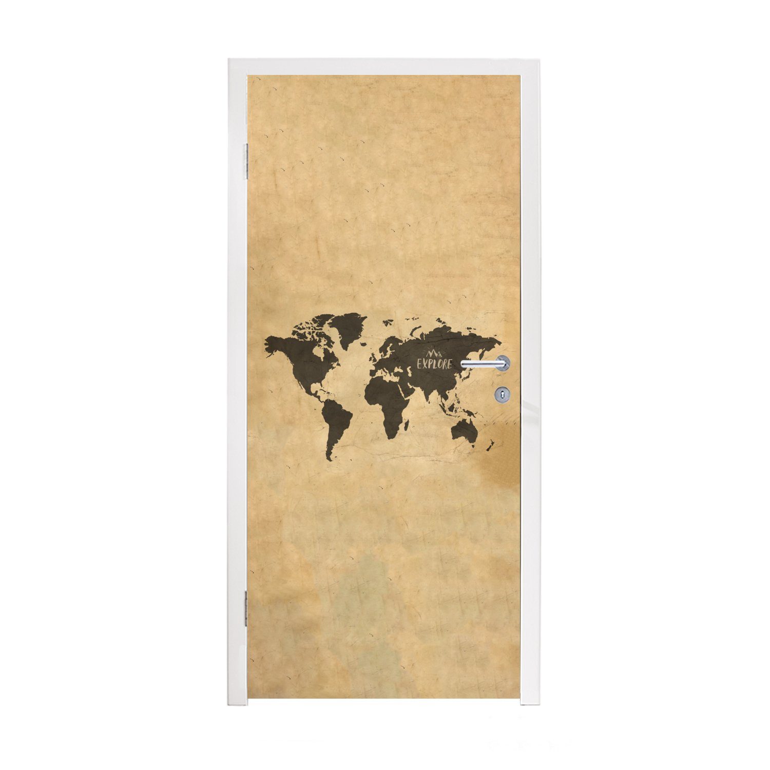 MuchoWow Türtapete Weltkarte - Vintage - Erforschen, Matt, bedruckt, (1 St), Fototapete für Tür, Türaufkleber, 75x205 cm