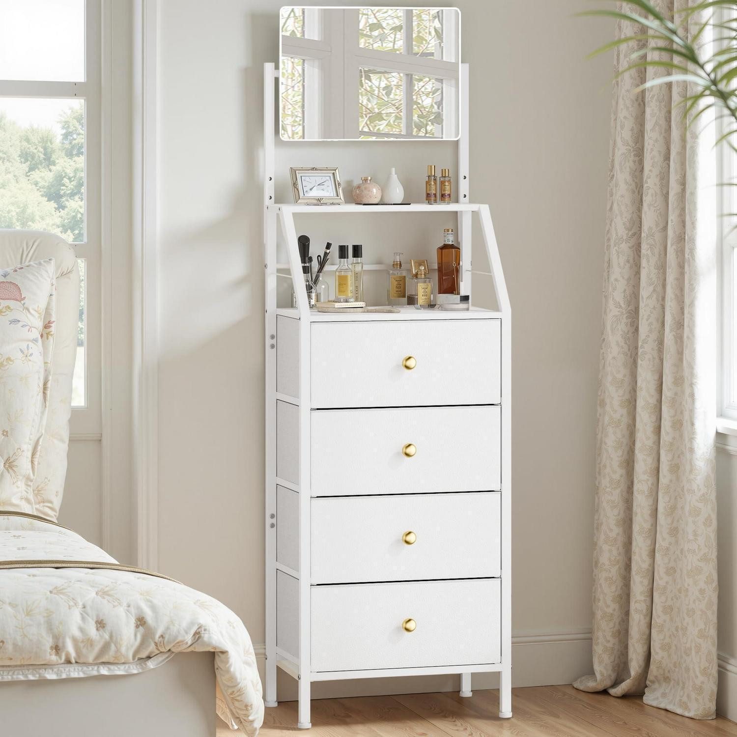 Hochkommode Kommode Schlafzimmer Spiegel Weiß 28T x 39B x 147H cm 4 Schubladen