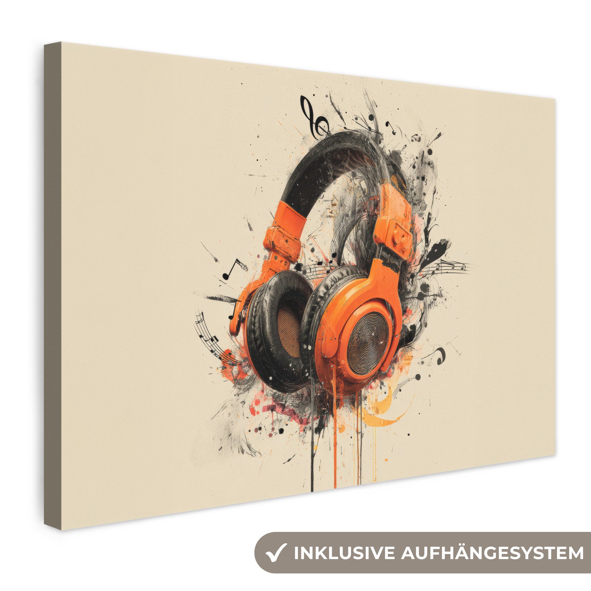 OneMillionCanvasses® Leinwandbild Kopfhörer - Orange - Explosiv, Fotodruck (1 St), Leinwand Bilder Klein, Wand Dekoration Aesthetic 30x20 cm