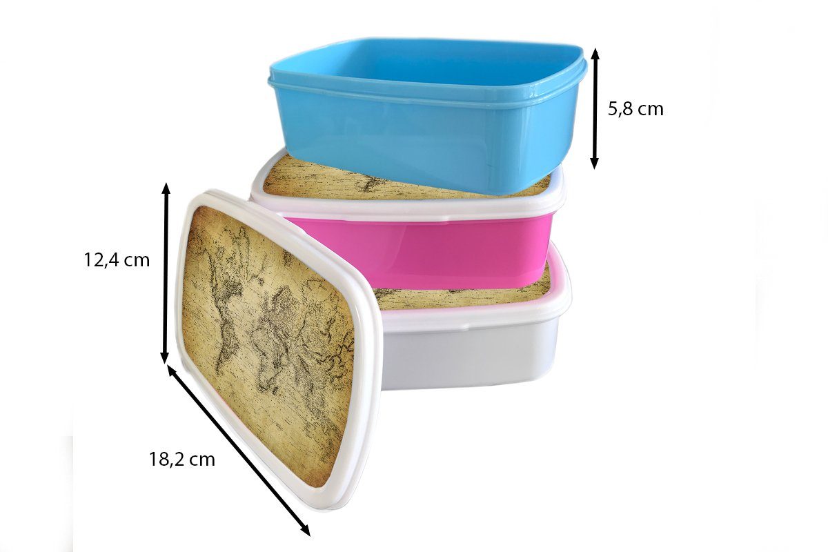 Brotbox für - Braun Jungs Brotdose, weiß Antik MuchoWow Kunststoff, Papier, Vintage Kinder Mädchen und (2-tlg), für - Erwachsene, - Weltkarte - und Lunchbox