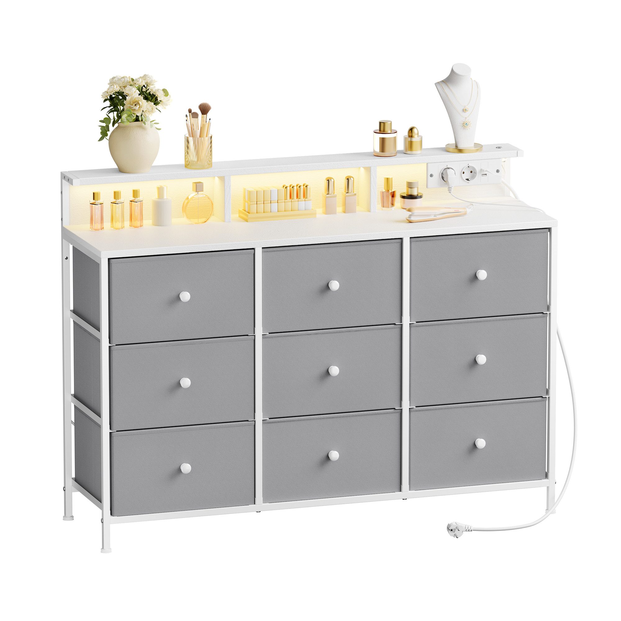 SONGMICS Kommode Aufbewahrungsschrank mit 9 Schubladen und LED-Beleuchtung, Steckdosenleiste, Stahlrahmen, 33,5 x 114 x 84 cm