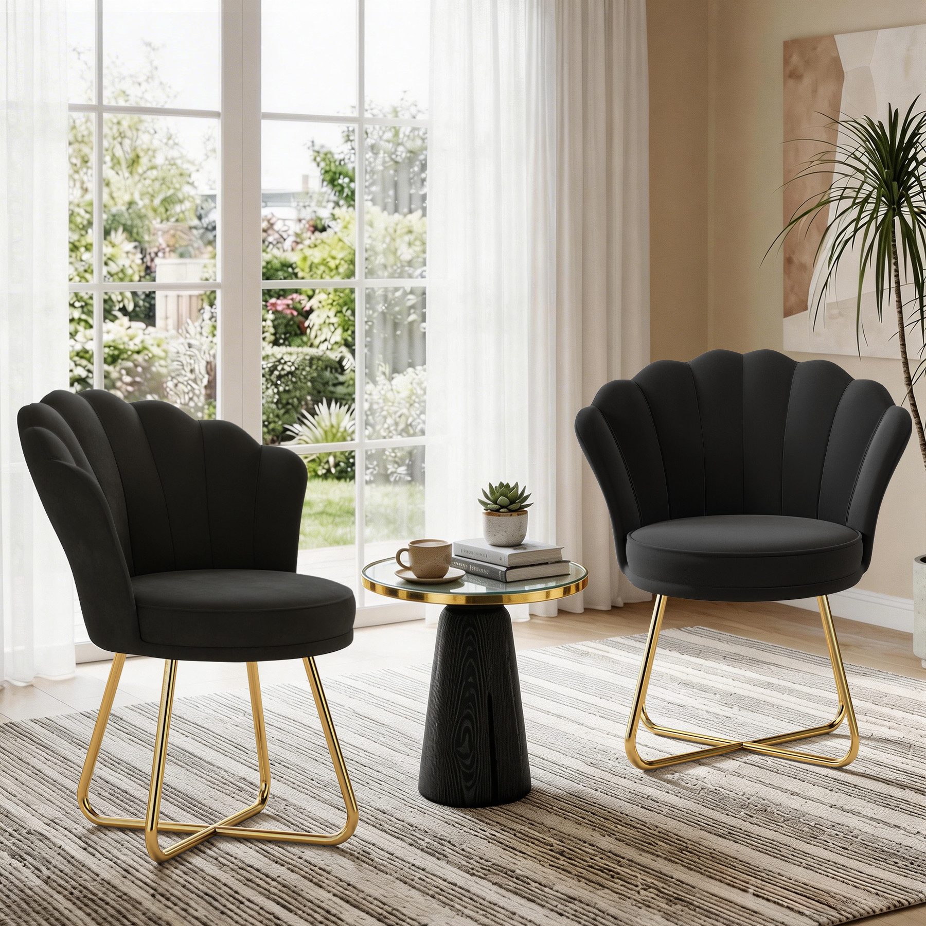 HawthyHome Polsterstuhl Polstersessel mit Blütenblatt-Rückenlehne & Goldene Metallbeine (2 St), ideal für Esszimmer & Schminktisch – Bild 4 von 5