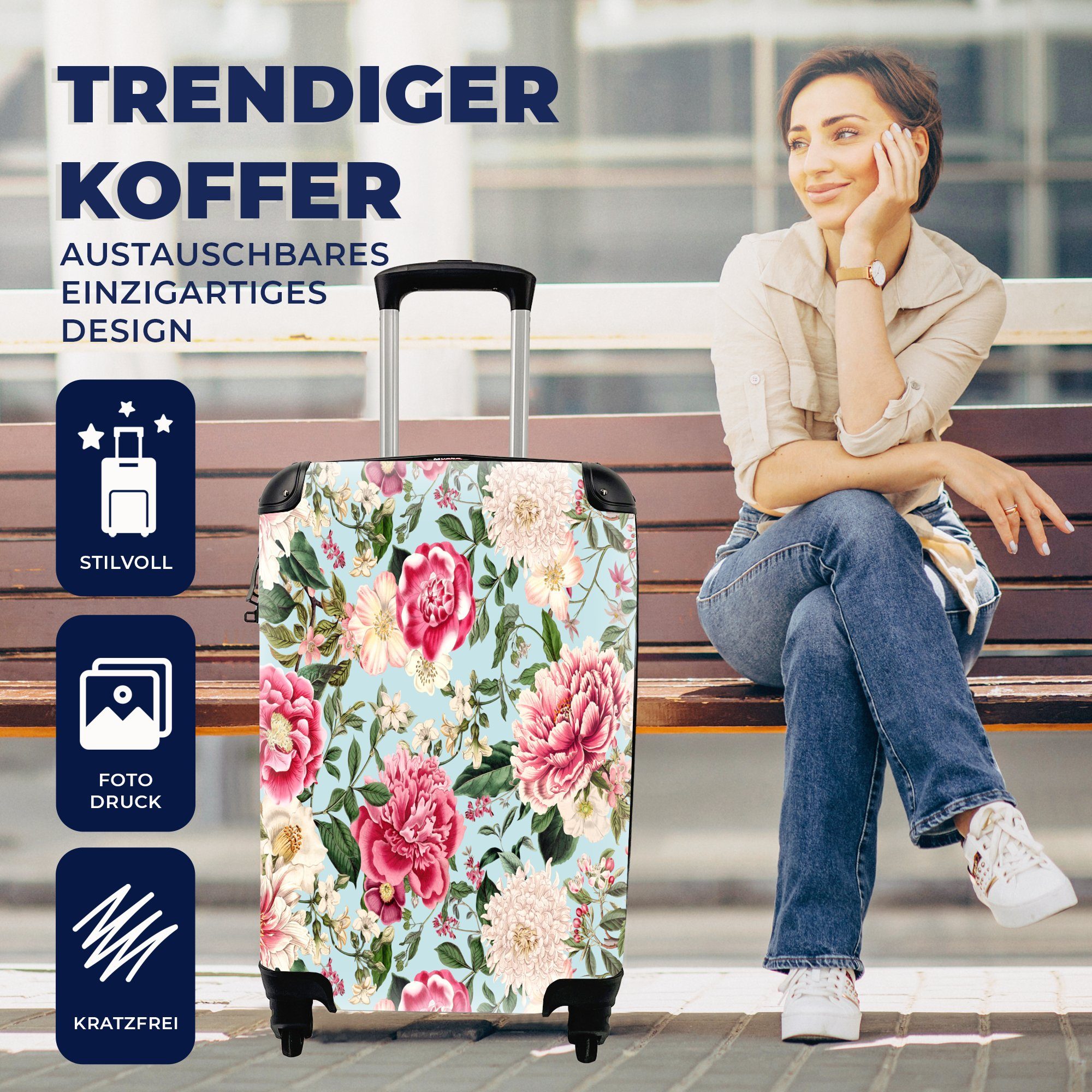 - Handgepäck Ferien, mit Reisekoffer 4 Handgepäckkoffer für Rollen, Muster, Reisetasche - Blumen Rosa Trolley, rollen, MuchoWow