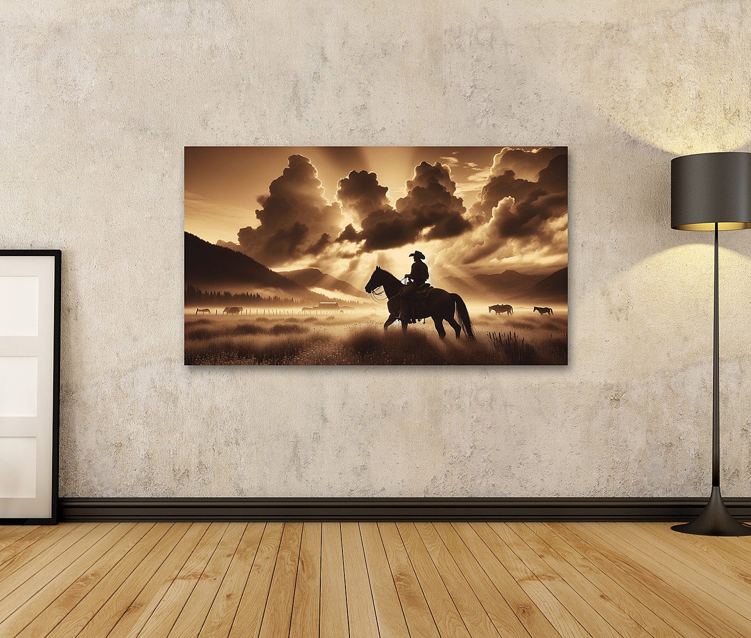 islandburner Leinwandbild Cowboy Pferd bei Sonnenaufgang günstig online kaufen