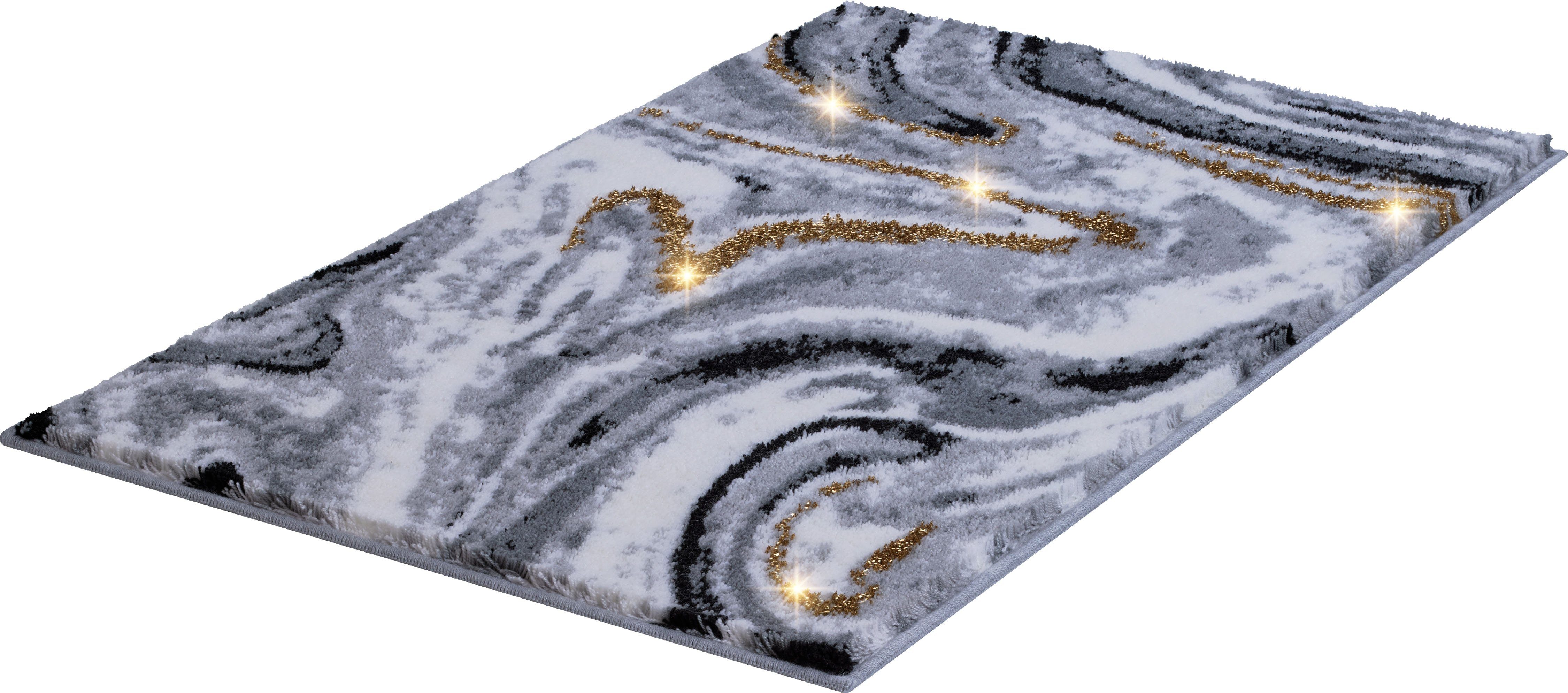 OTTO home Badematte Gloria, Höhe 20 mm, rutschhemmend beschichtet, fußbodenheizungsgeeignet, Polyacryl, rechteckig, goldfarbene Akzente durch Glitzer-Garn, Marmor-Design, Made in Europe
