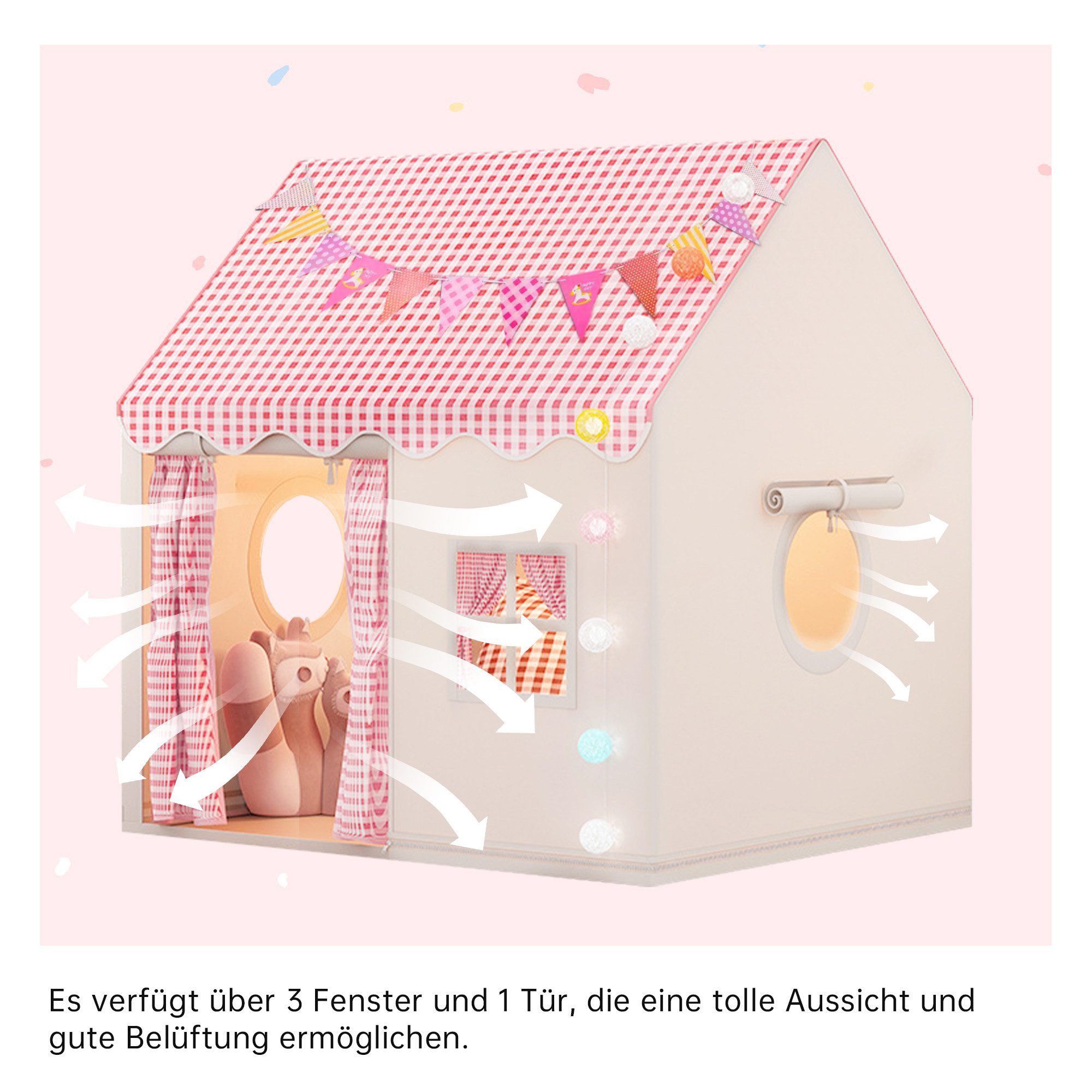 SEHAUSEU Spielzelt Kinderzelt Spielhaus mit Bodenmatte, Lichterkette und Wimpelkette