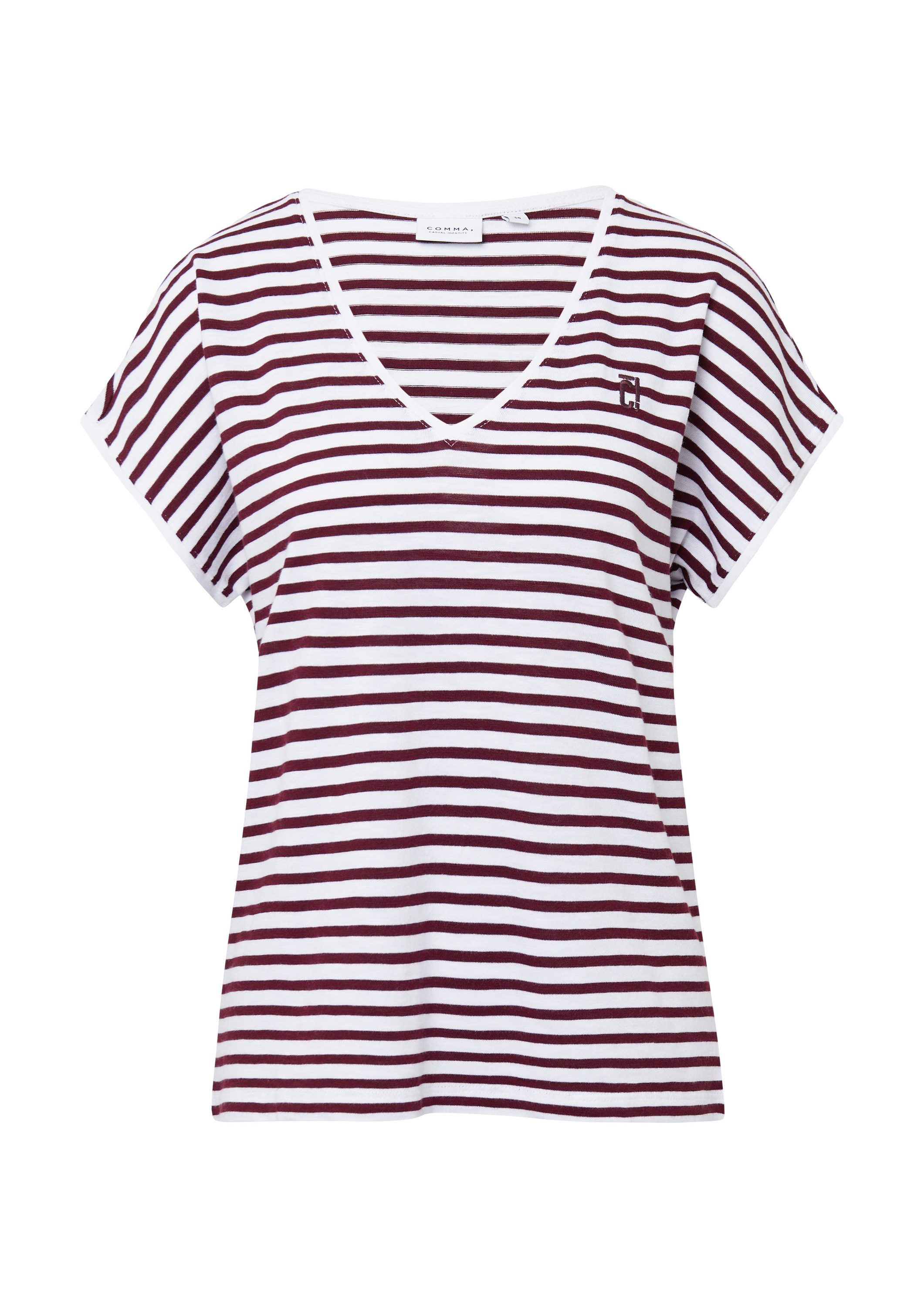 comma Kurzarmshirt T-Shirt Strickshirt mit Streifen und V-Ausschnitt