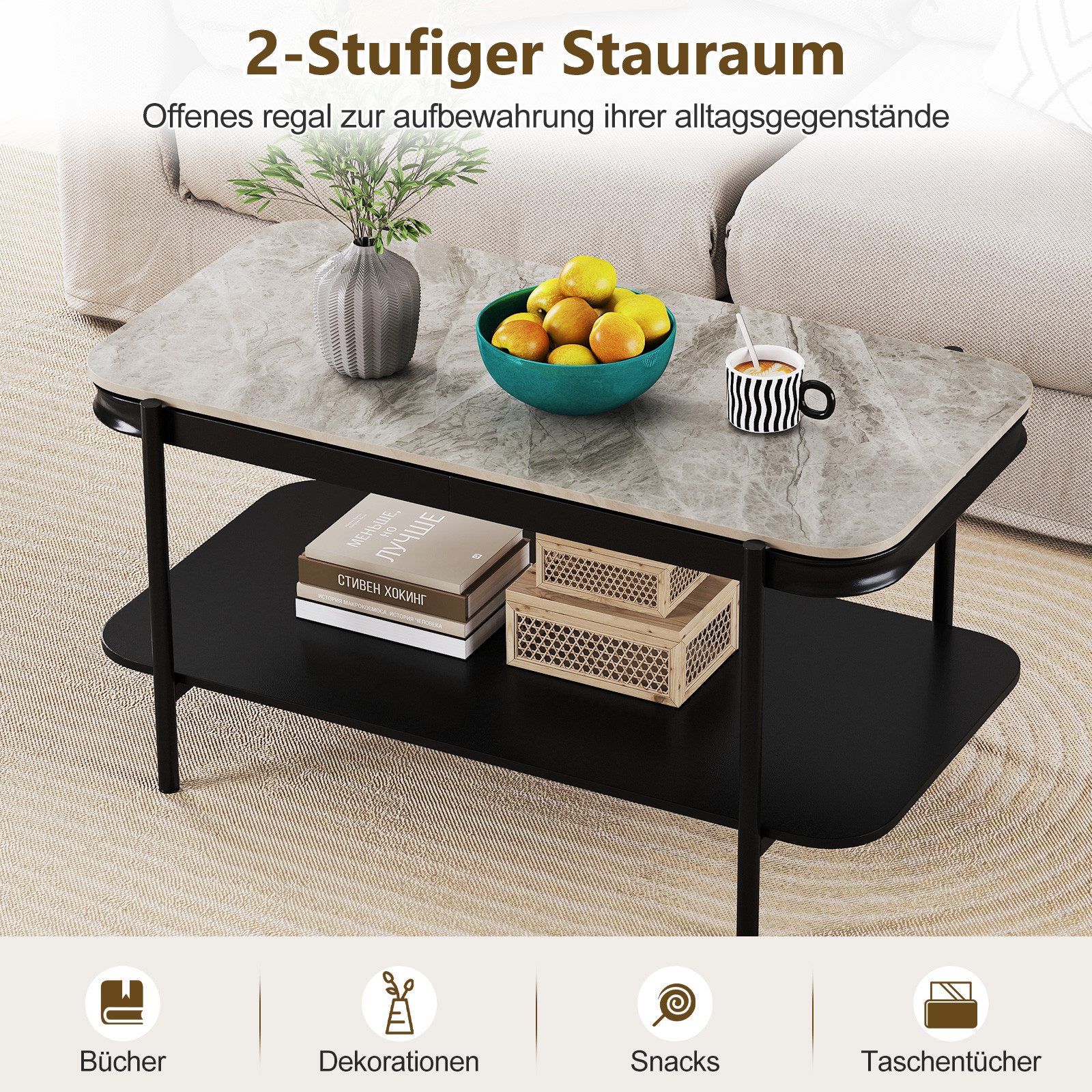 COSTWAY Couchtisch, rechteckig mit Stauraum, Marmor Wohnzimmertisch grau
