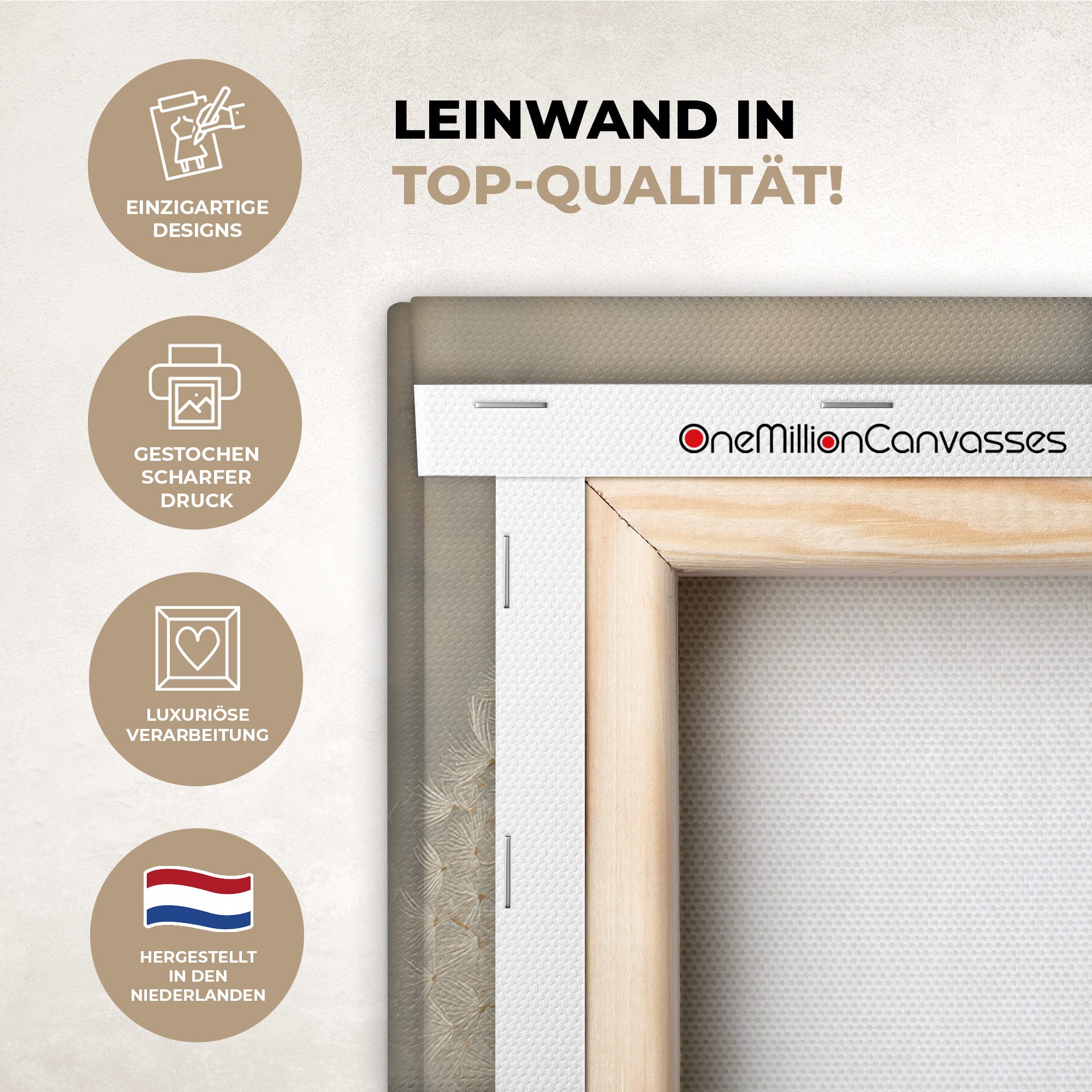 OneMillionCanvasses® Leinwandbild Dreamy - Beige - Löwenzahnsamen, Fotodruck (1 St), Leinwand Canvas Wandbild, Wanddekoration 20x30 cm