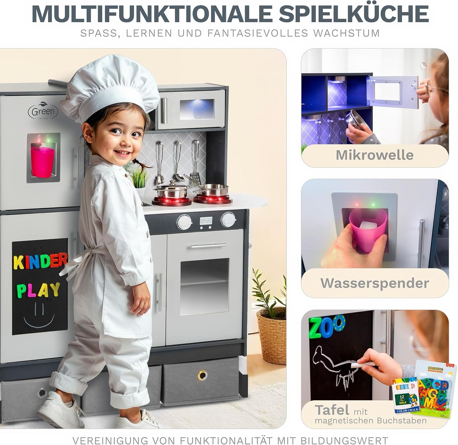 Green Series Spielküche Große Holz Spielküche – LED & Sound – Kinderküche höhenverstellbar Holz, mit Sound