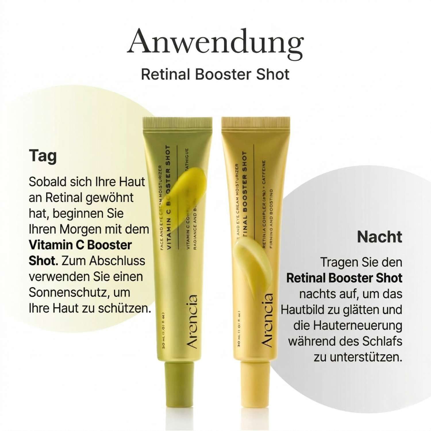 Arencia Anti-Aging-Augencreme AM/PM Glow Shot Duo – Vitamin C & Retinal Booster Shot Bundle mit, 2 x 30ml für Morgen- und Abendroutine, Glow, ebenmäßigen, Teint und glatter wirkende Hautstruktur