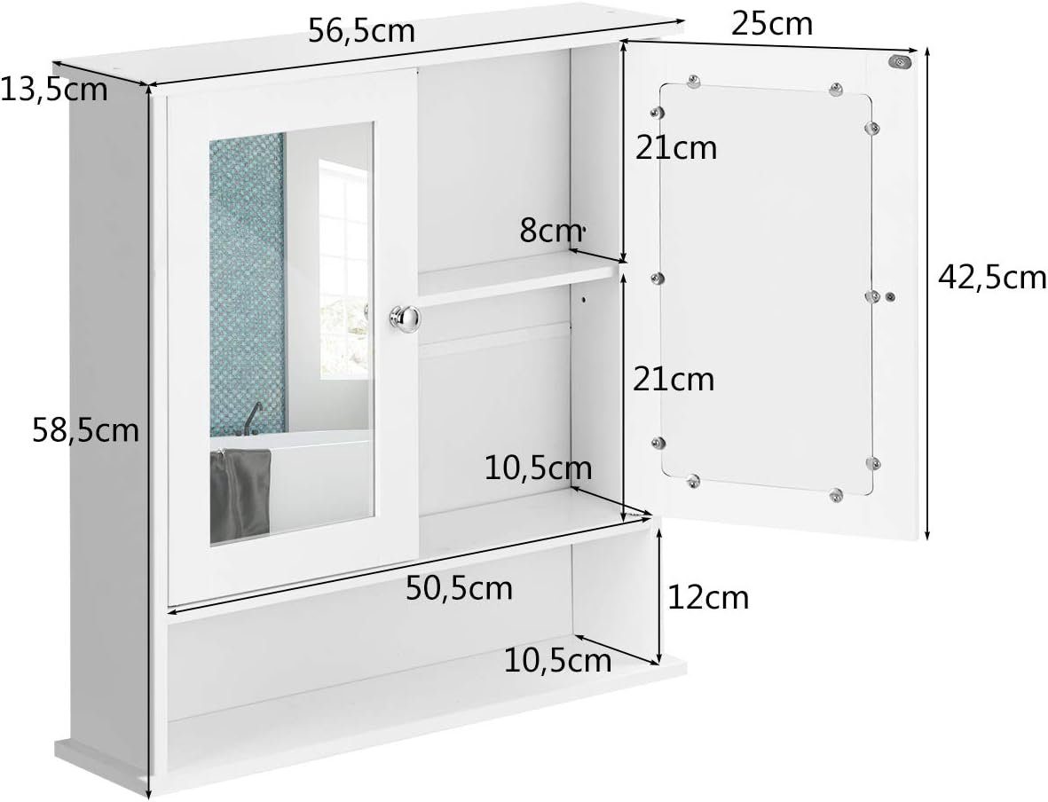 KOMFOTTEU Spiegelschrank Badezimmerspiegelschrank Wandschrank hängend, x 13 cm 56 x 58 weiß