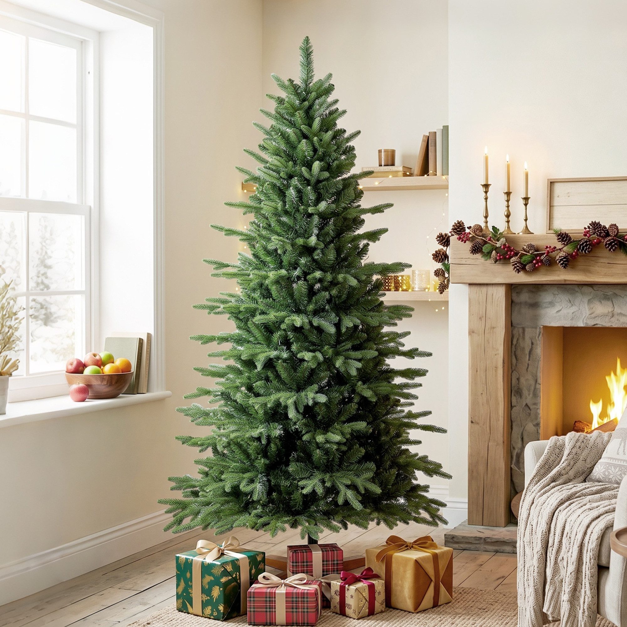 HOMCOM Künstlicher Weihnachtsbaum 180 cm Tannenbaum, 1438 Spitzen, Spritzguss, einfach aufgebaut, Fichte, Scharnier-System, klappbarer Holzständer