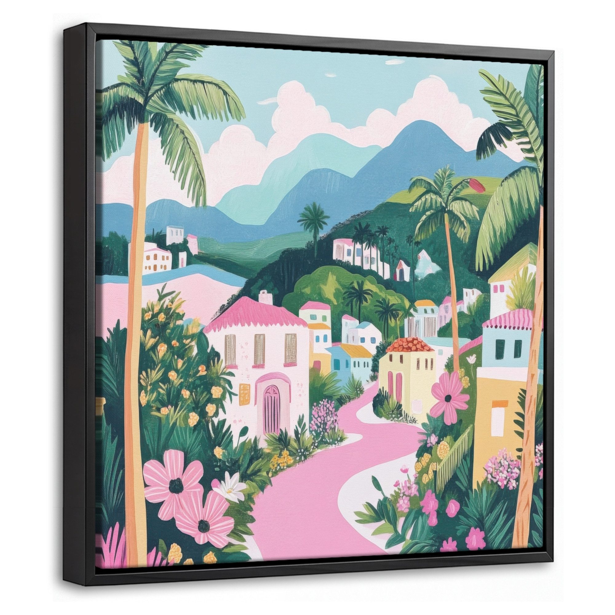 OneMillionCanvasses® Leinwandbild mit Rahmen - Bunt - Häuser - Hügel - Rosa, Fotodruck (1 St), Leinwand Bilder Klein, Wand Dekoration Aesthetic 20x20cm