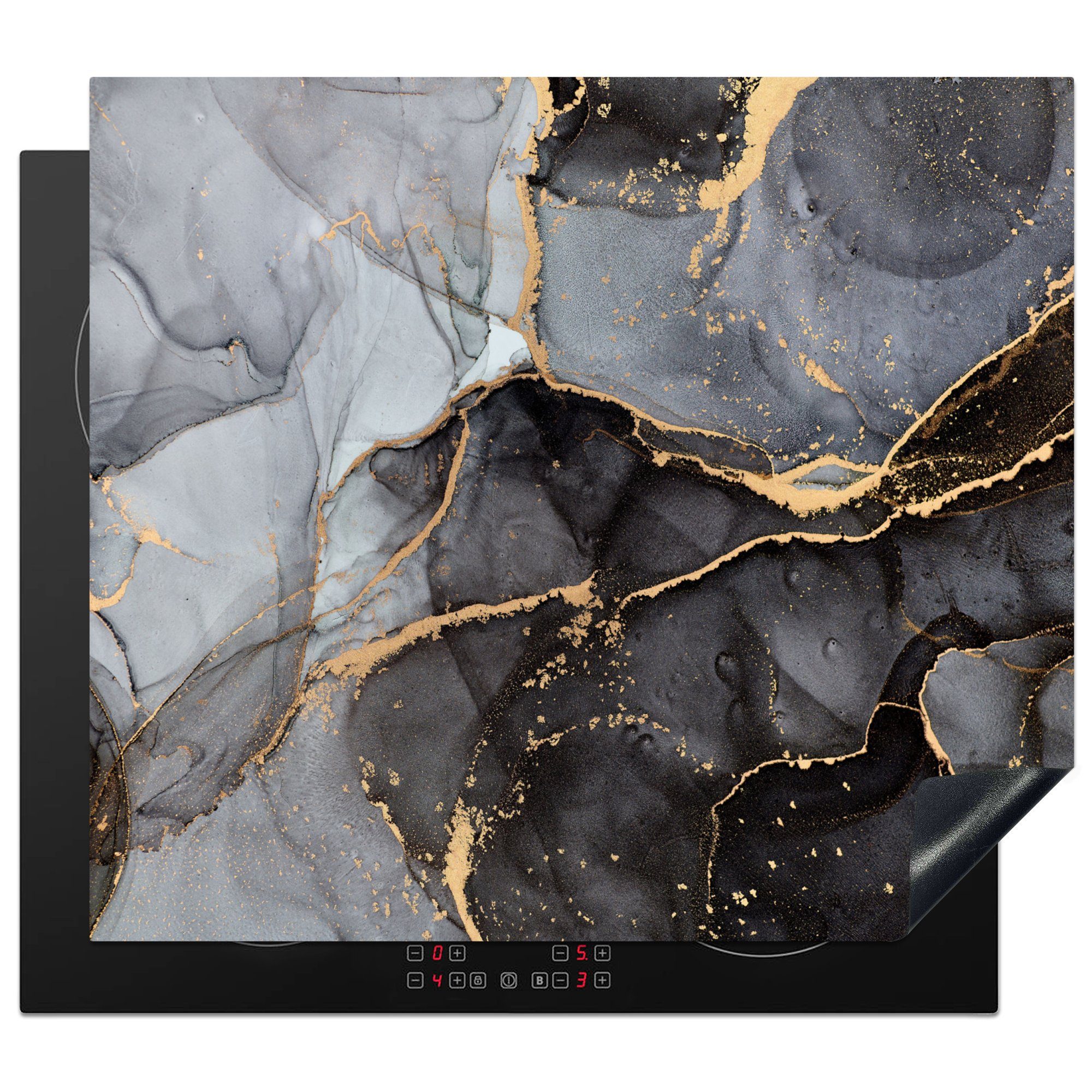 MuchoWow Herdblende-/Abdeckplatte Marmoroptik - Gold - Grau, Vinyl, (1 tlg), 60x52 cm, Mobile Arbeitsfläche nutzbar, Ceranfeldabdeckung