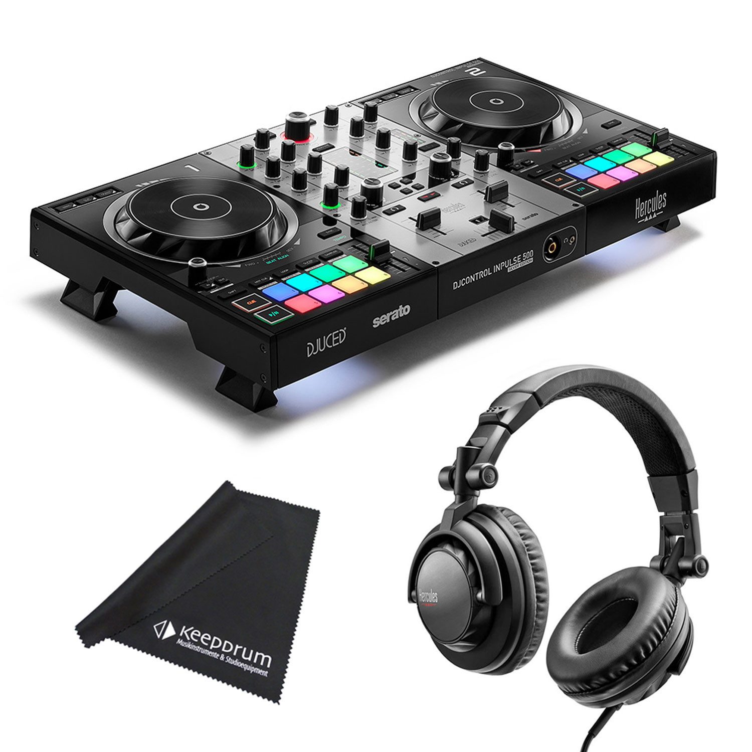 DJ Controller Hercules DJ Controller Inpulse 500 Silver, DJ45 Kopfhörer und Tuch