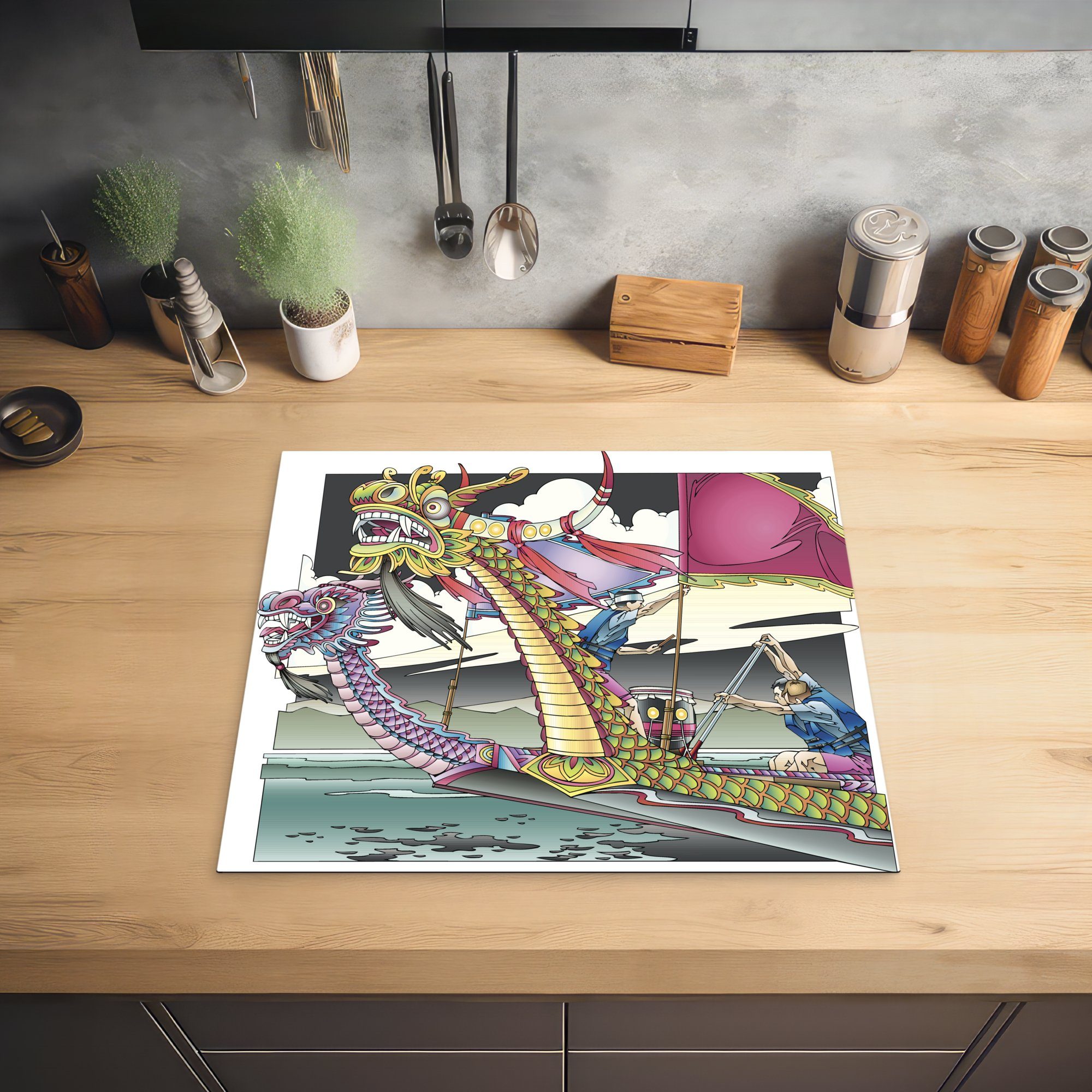 MuchoWow Herdblende-/Abdeckplatte Eine Arbeitsfläche Illustration Drachenbootrennens, Vinyl, tlg), nutzbar, Ceranfeldabdeckung Mobile 60x52 cm, (1 eines