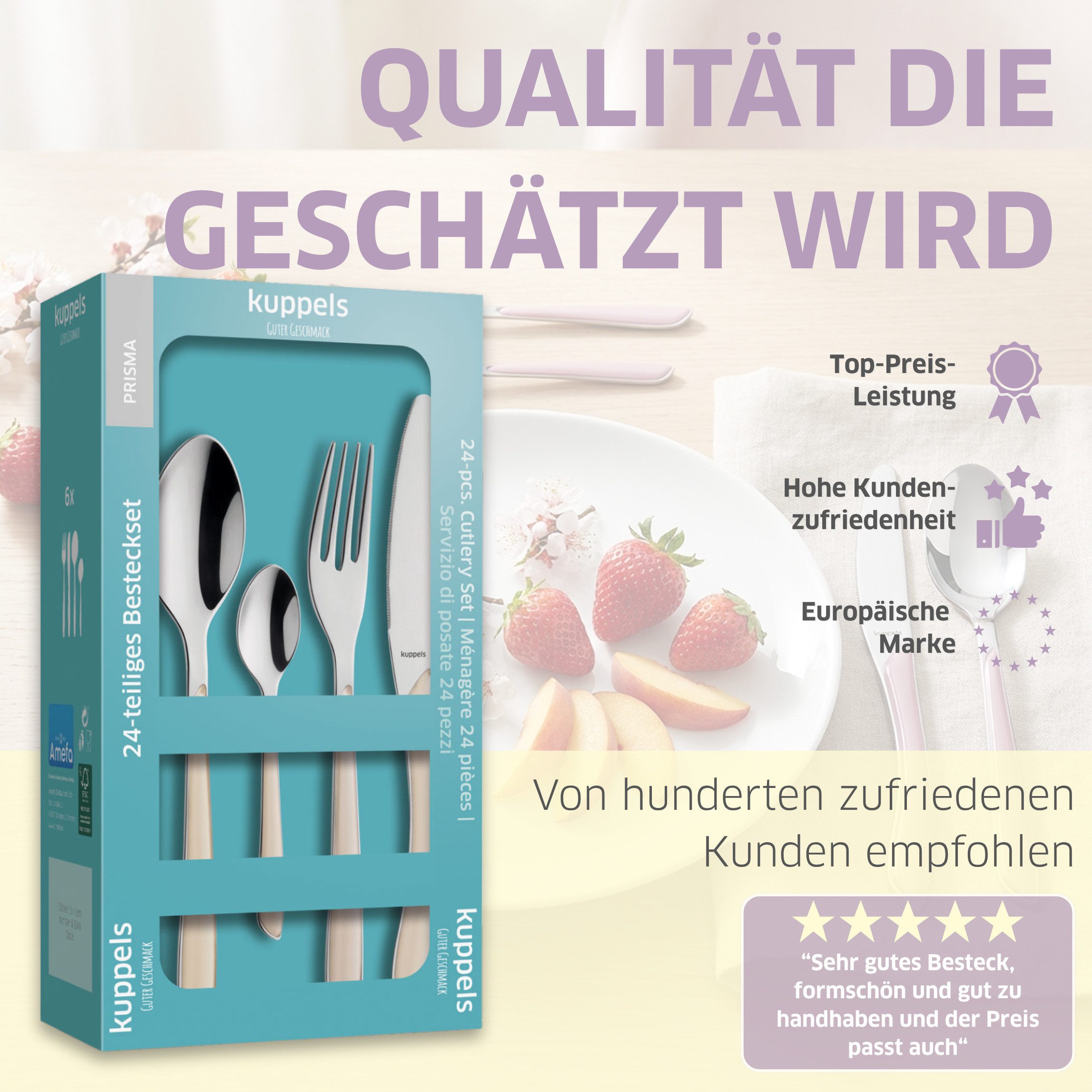 Kuppels Besteck-Set PRISMA (24-tlg), 6 Personen, Edelstahl Rostfrei 18/0, spülmaschinenfest, in baumwolle, mattiert – Bild 4 von 5