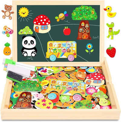 POPOLIC Puzzle Magnetisches Holzpuzzle, 2024 Neu Montessori Holzpuzzle, Puzzleteile, Wald, Bauernhof, Obst, Bus, Kreativ Spielzeug für Kinder