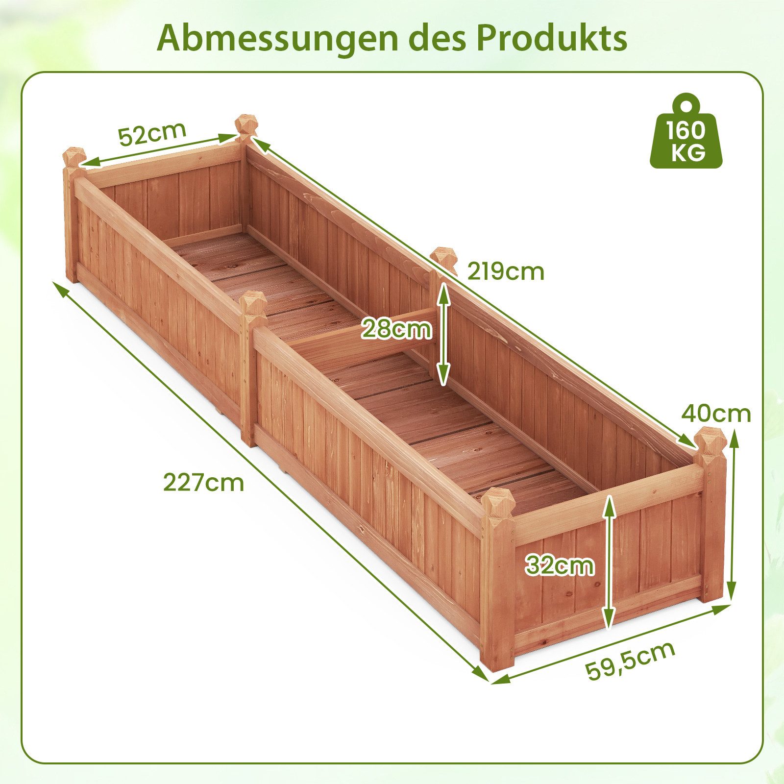 COSTWAY Hochbeet, Blumenkasten, Pflanzkasten, mit Trennwand, 227x59,5x40cm