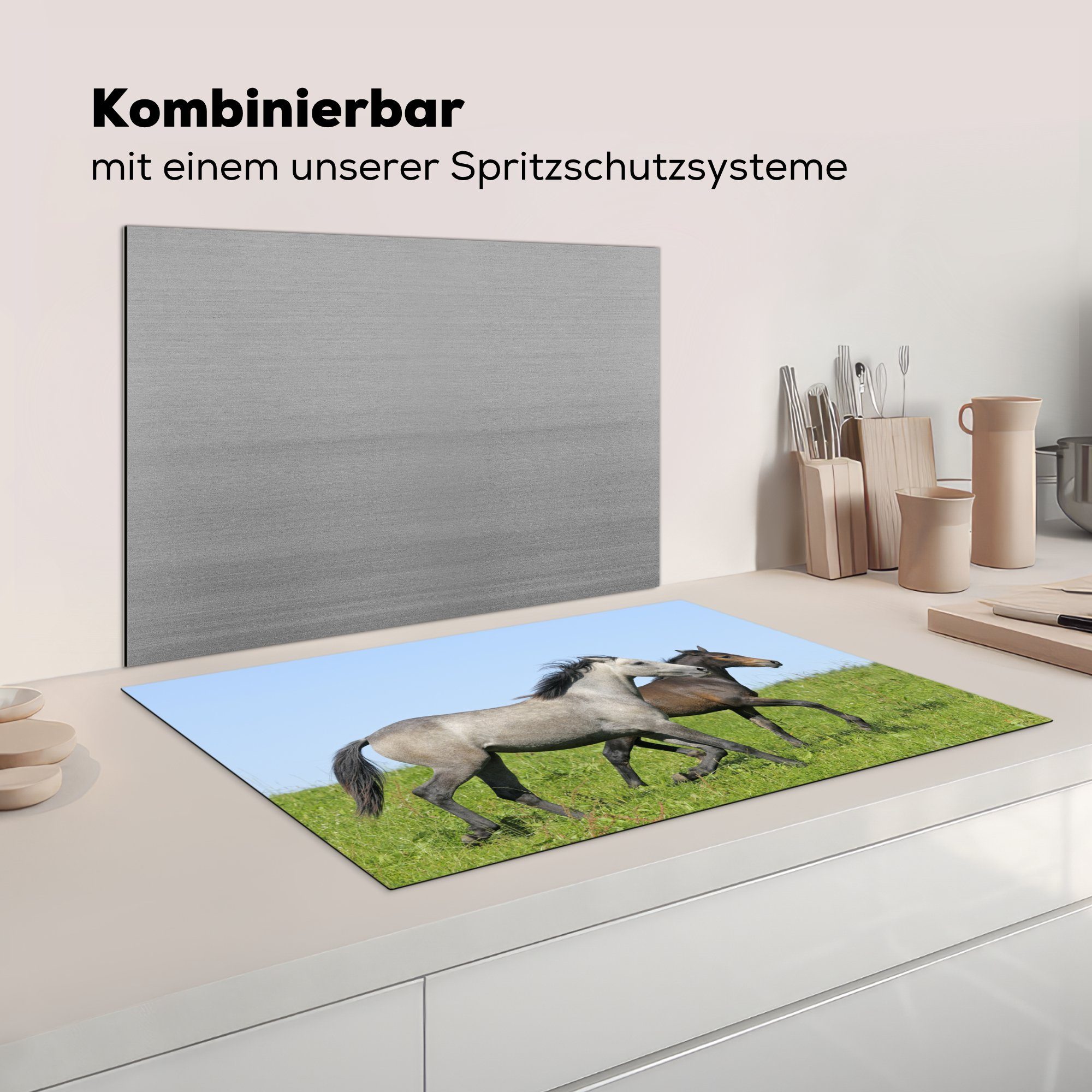 81x52 Herdblende-/Abdeckplatte tlg), - Gras, cm, - Ceranfeldabdeckung Pferde Induktionskochfeld die für (1 Vinyl, Tiere MuchoWow Schutz küche,