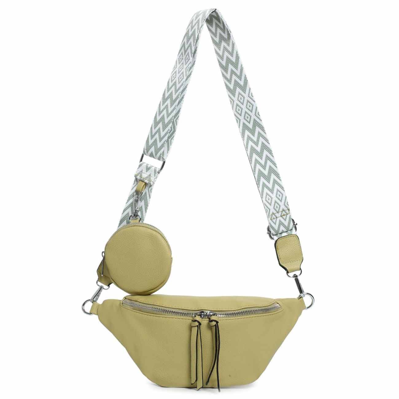 ITALYSHOP24 Bauchtasche Damen Brusttasche Schultertasche CrossBody Geldtasche leicht Gewicht (Spar-Set aus einer Tasche mit einem breitem Muster Stoffgurt/Umhängeband, 2-tlg), Bodybag Umhängetasche Handytasche Hüfttasche Crossover Leder Optik