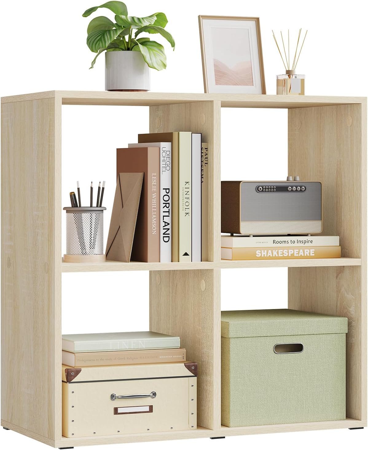 Woltu Bücherregal, helle Eiche, 4 offene Fächer, Würfelregal Standregal klein