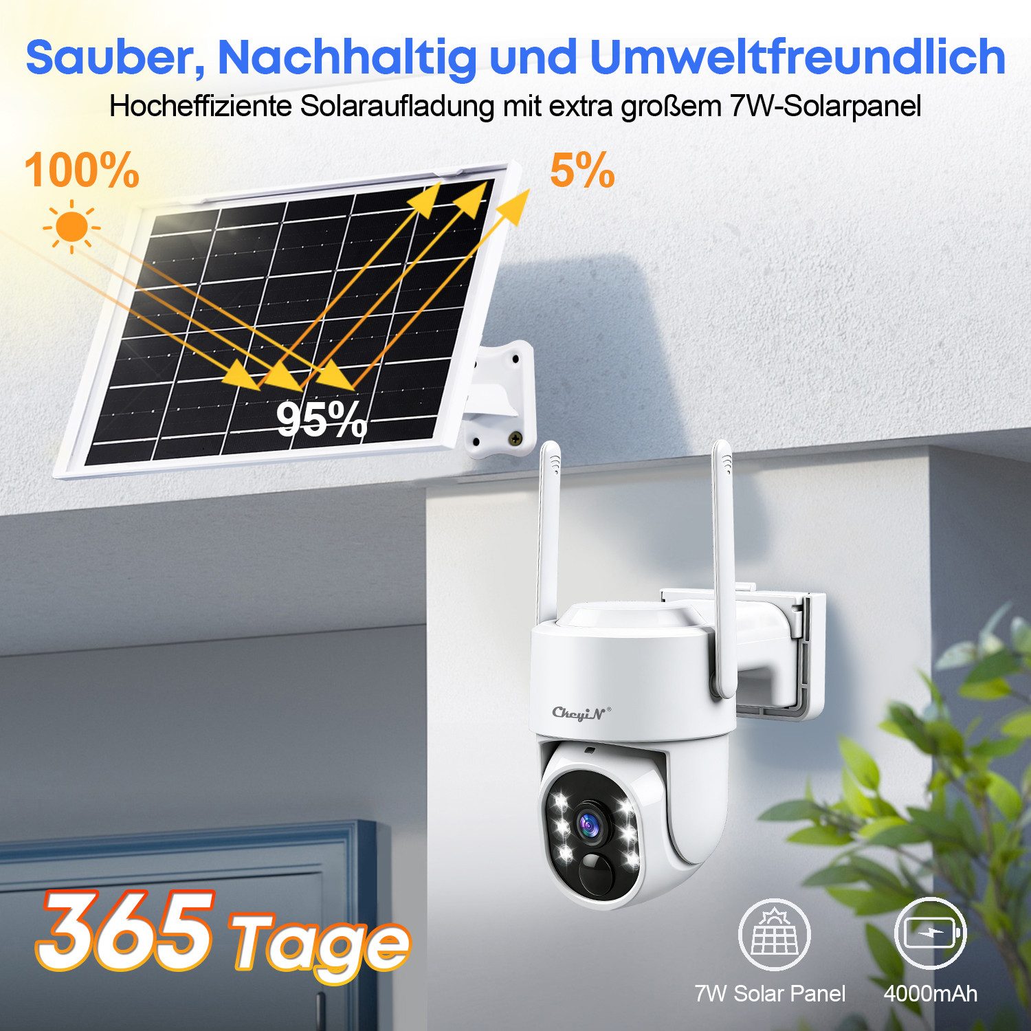 CkeyiN Überwachungskamera außen 360° Solar PTZ Überwachungskamera, 2,4G‑WLAN, 4MP (2K QHD) (Außenbereich, Solarenergieüberwachung, Farbnachtsicht PIR‑Bewegungse – Bild 4 von 5
