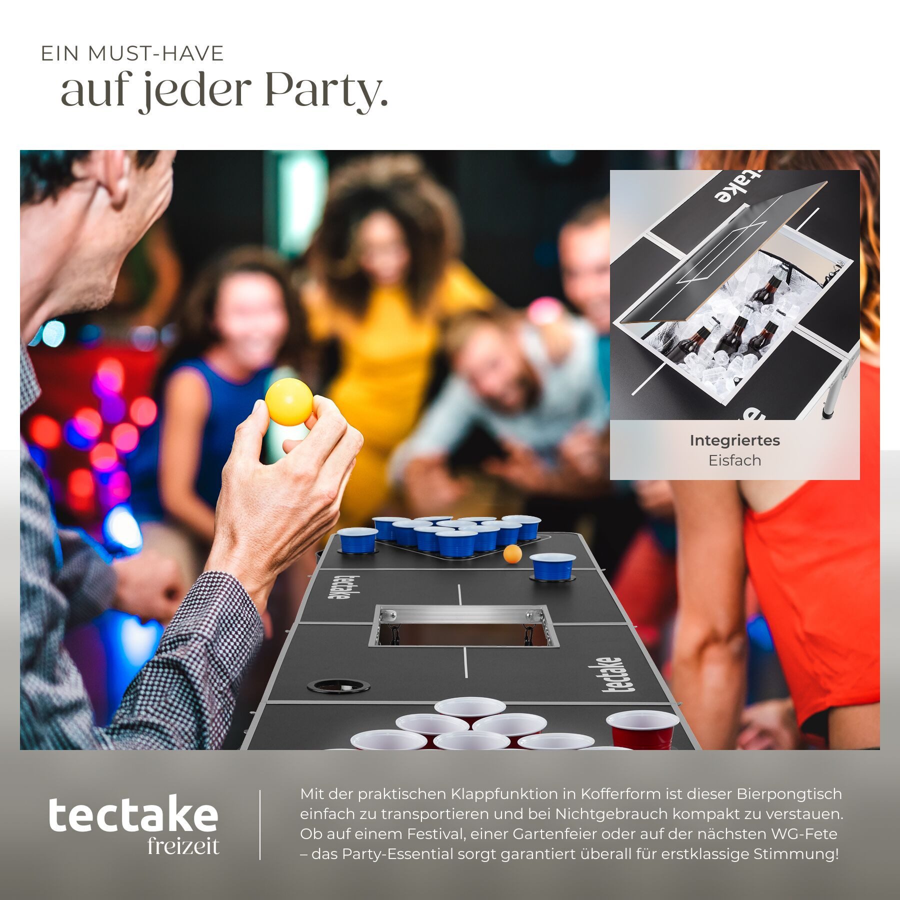 tectake Spieltisch Bierpongtisch mit Eisfach, inklusive 100 Bechern und 6 Bällen, (Beerpong-tisch Beer Ball Blitz), klappbar, höhenverstellbar, bodenschonend, praktische Tragegriffe