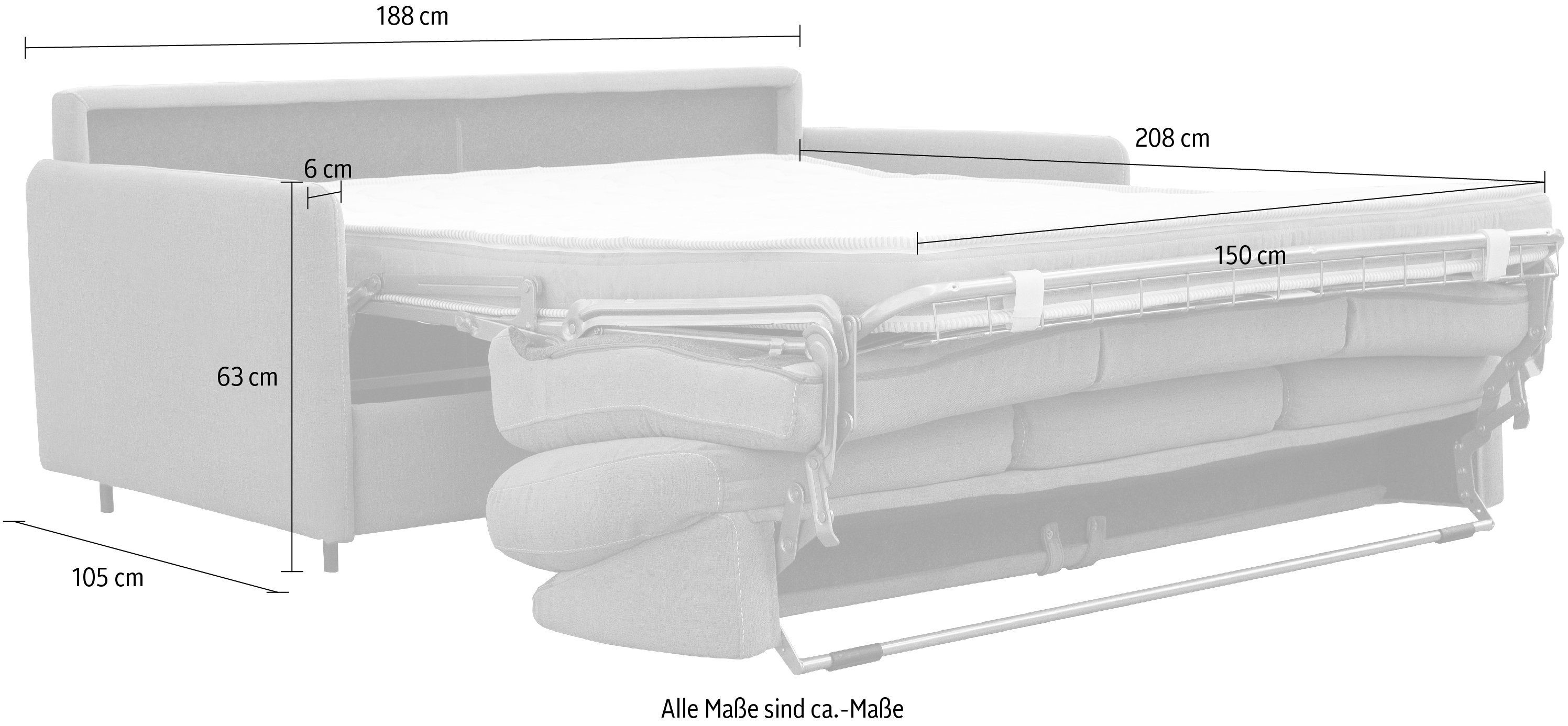 Schlafsofa inkl. Matratzen Metallklappgestell, und braun 150/208 Italia Nias cm Liegefläche Livorno,