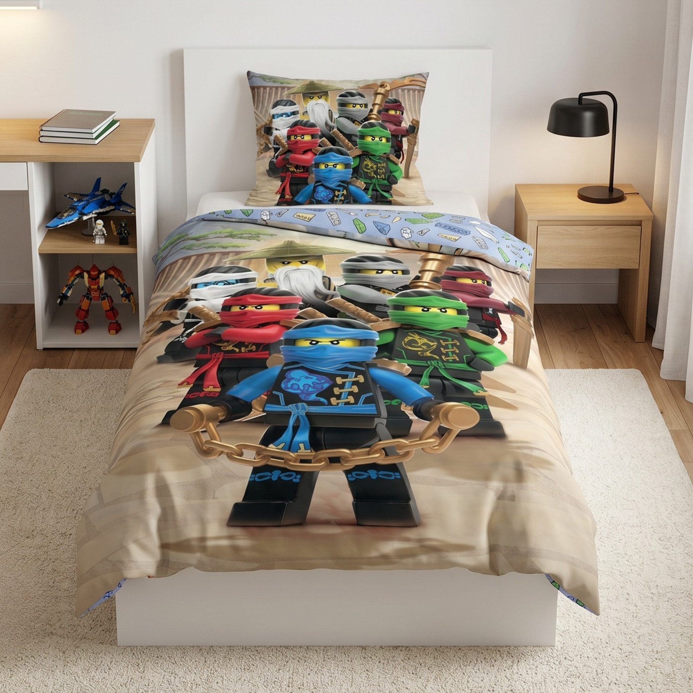 MTOnlinehandel Bettwäsche Lego Ninjago 135x200 + 80x80 cm, 100 % Baumwolle, Renforcé, 2 teilig, Wende-Motiv mit Lloyd, Kai & dem NINJAGO Team