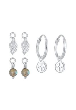 Elli Ohrring-Set Creolen 3-Set Peace Feder Labradorit 925 Silber, Boho, Feder, Peace-Zeichen