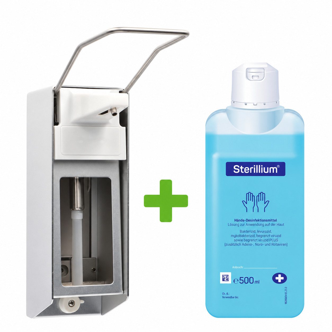 Sterillium® Händedesinfektion 500 ml + Medi-Inn Wandspender Alu Langarmhebel Hand-Desinfektionsmittel (Set, [1-St. begrenzt viruzid PLUS, rückfettend, VAH-gelistet; mit Langarmhebel)