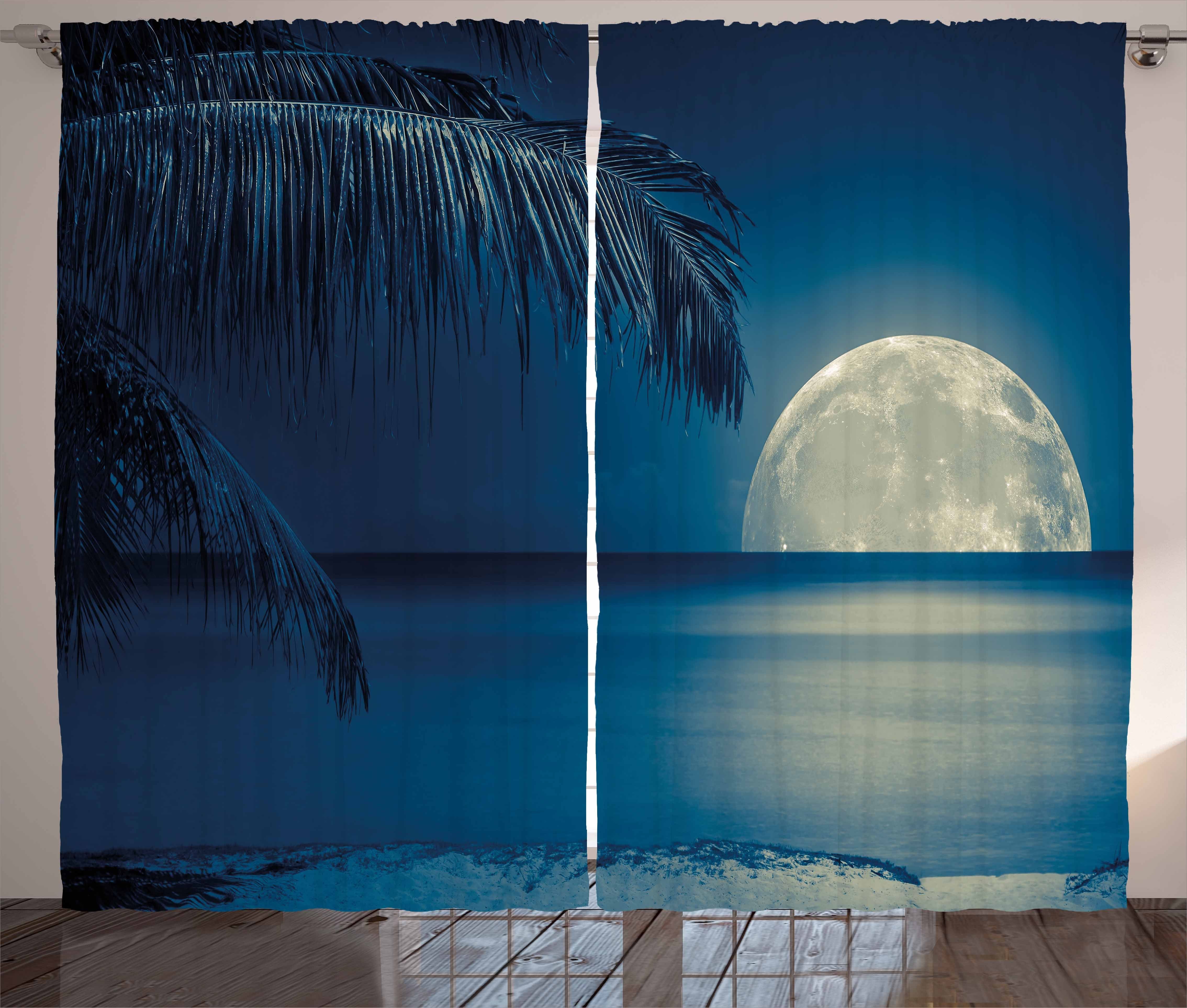 Gardine Schlafzimmer Kräuselband Vorhang mit Schlaufen und Haken, Abakuhaus, Mond Blaue tropische Strand-Bild