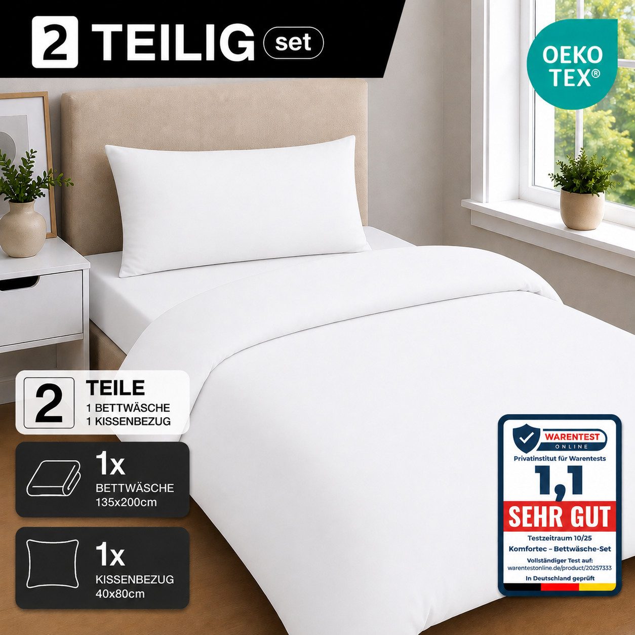 Komfortec Bettwäsche Premium, 135 x 200 bis 220 x 240 cm, 6 verschiedene Größen zur Auswahl, gebürstet 100% Mikrofaser, 2 teilig, Superweiches Bettwäsche-Set, Knitterfrei, Atmungsaktiv